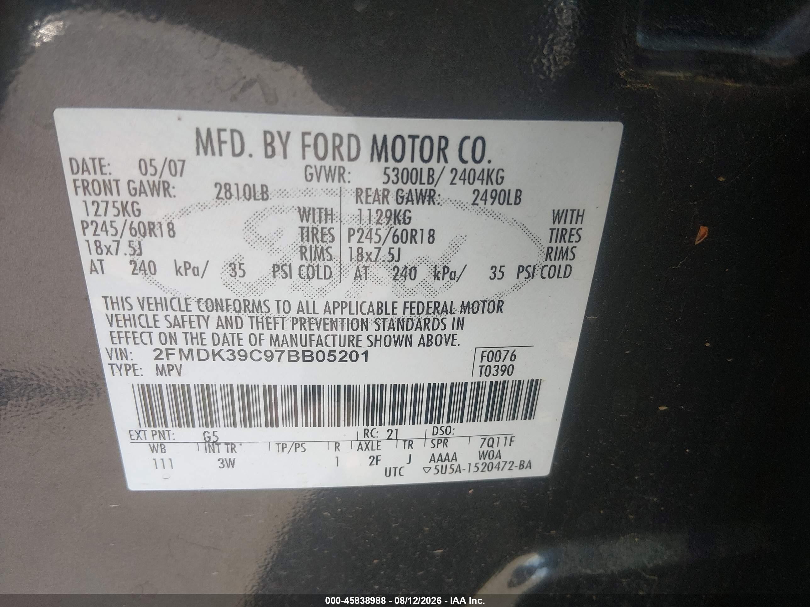 2007 Ford Edge Sel Plus Серый vin: 2FMDK39C97BB05201