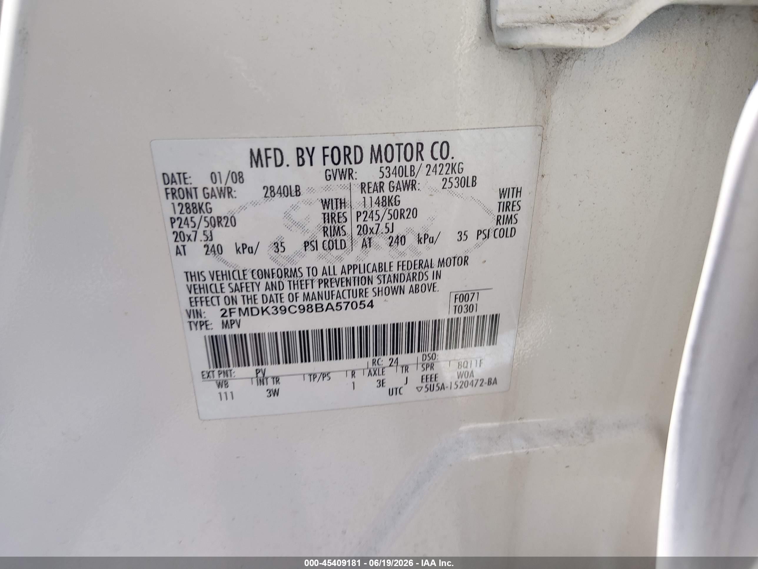 2008 Ford Edge Limited Белый vin: 2FMDK39C98BA57054