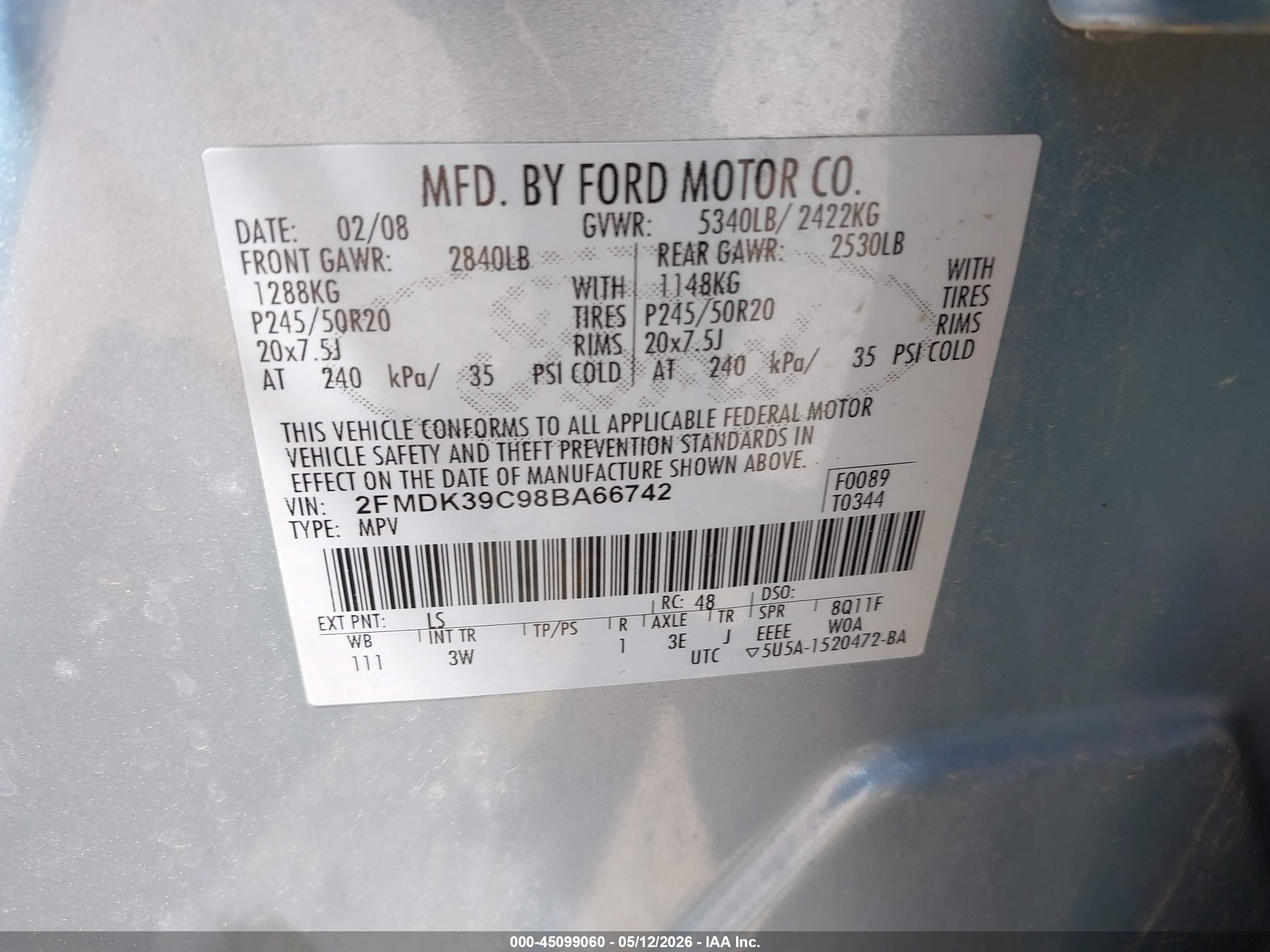 2008 Ford Edge Limited Light Blue vin: 2FMDK39C98BA66742