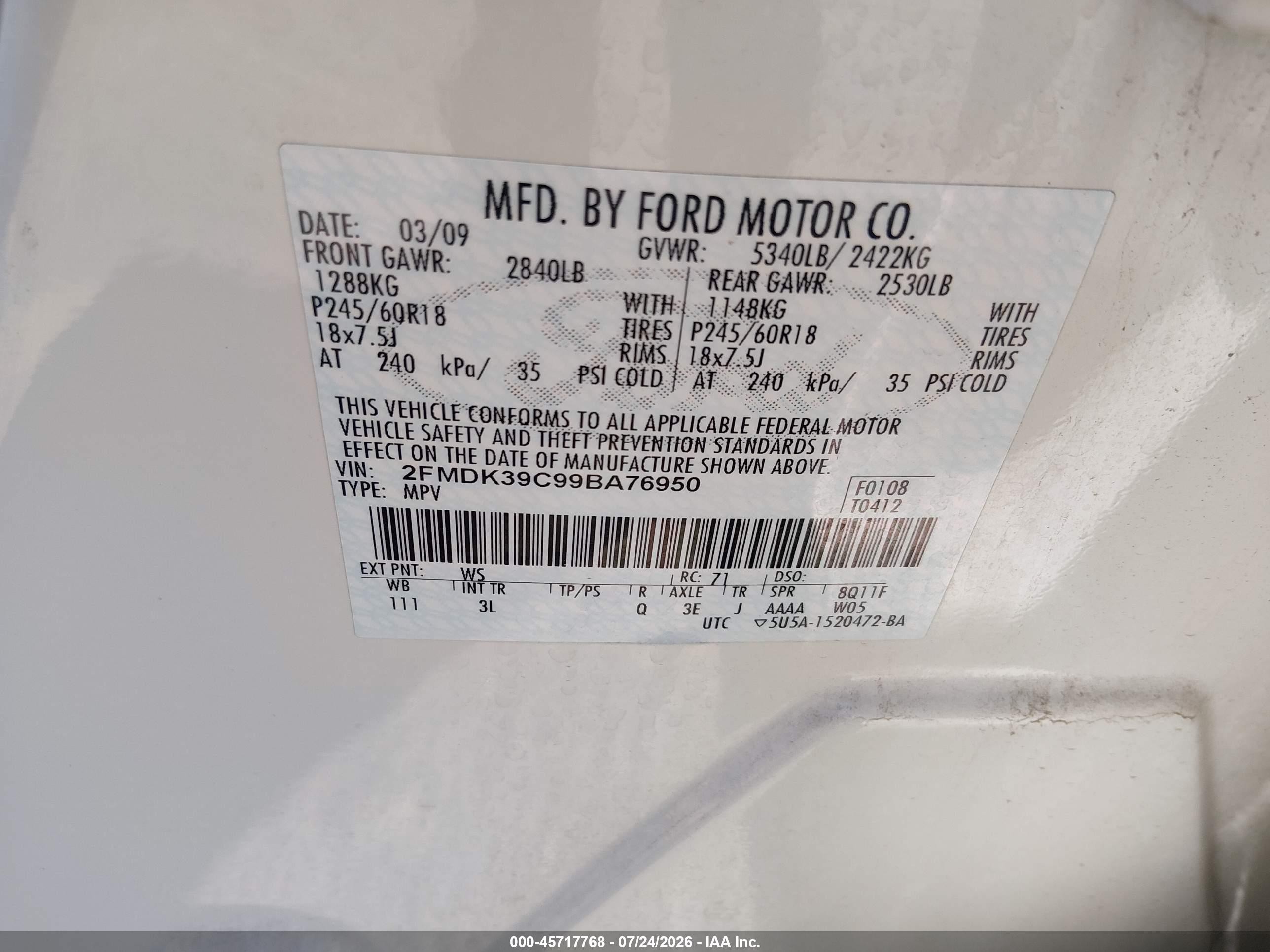 2009 Ford Edge Limited White vin: 2FMDK39C99BA76950