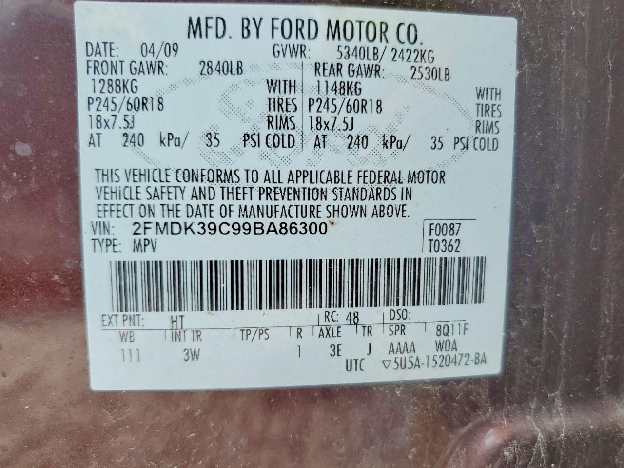 2009 Ford Edge Limited Maroon vin: 2FMDK39C99BA86300