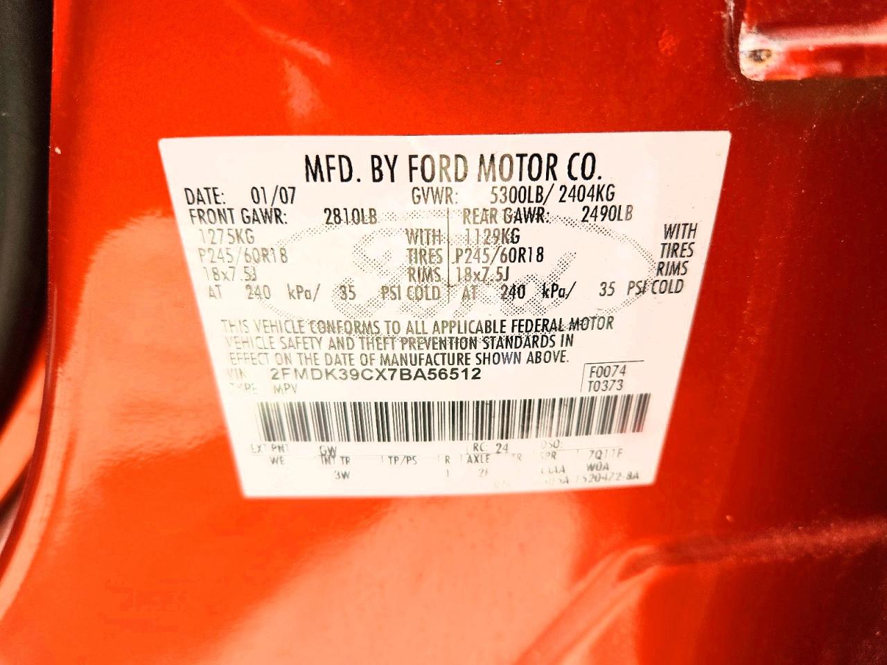 2007 Ford Edge Sel Plus Orange vin: 2FMDK39CX7BA56512