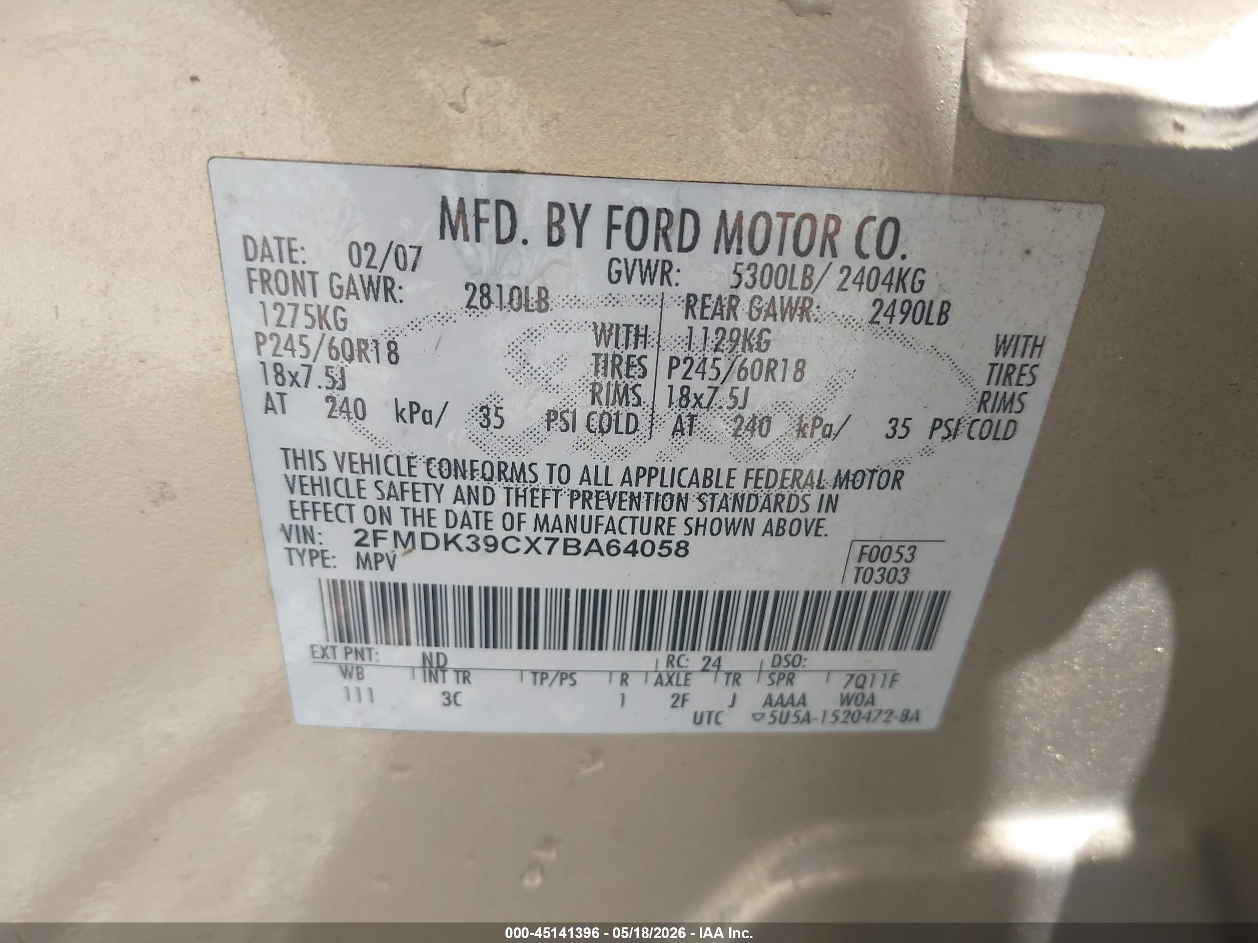 2007 Ford Edge Sel Plus Tan vin: 2FMDK39CX7BA64058