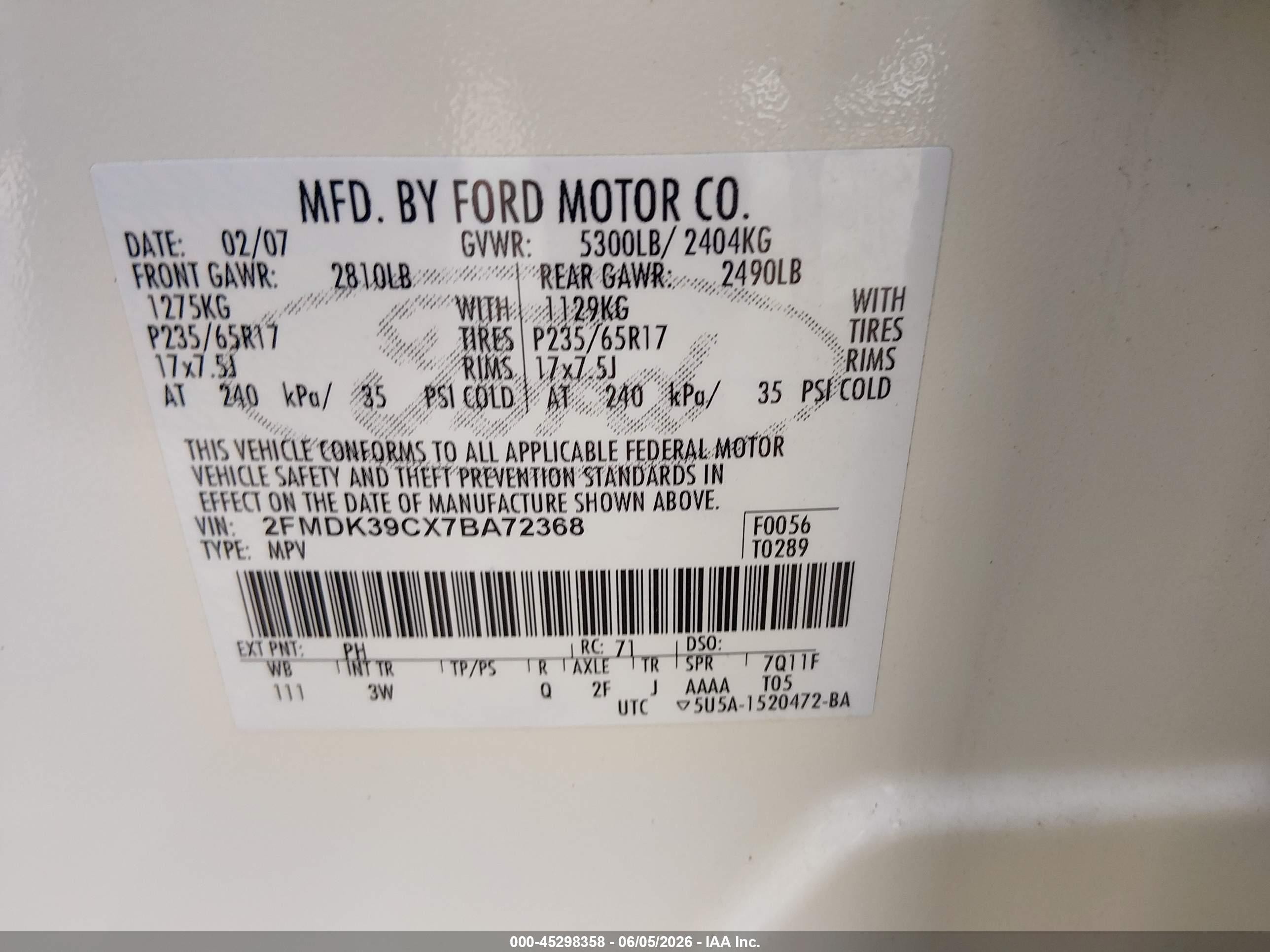 2007 Ford Edge Sel Plus White vin: 2FMDK39CX7BA72368