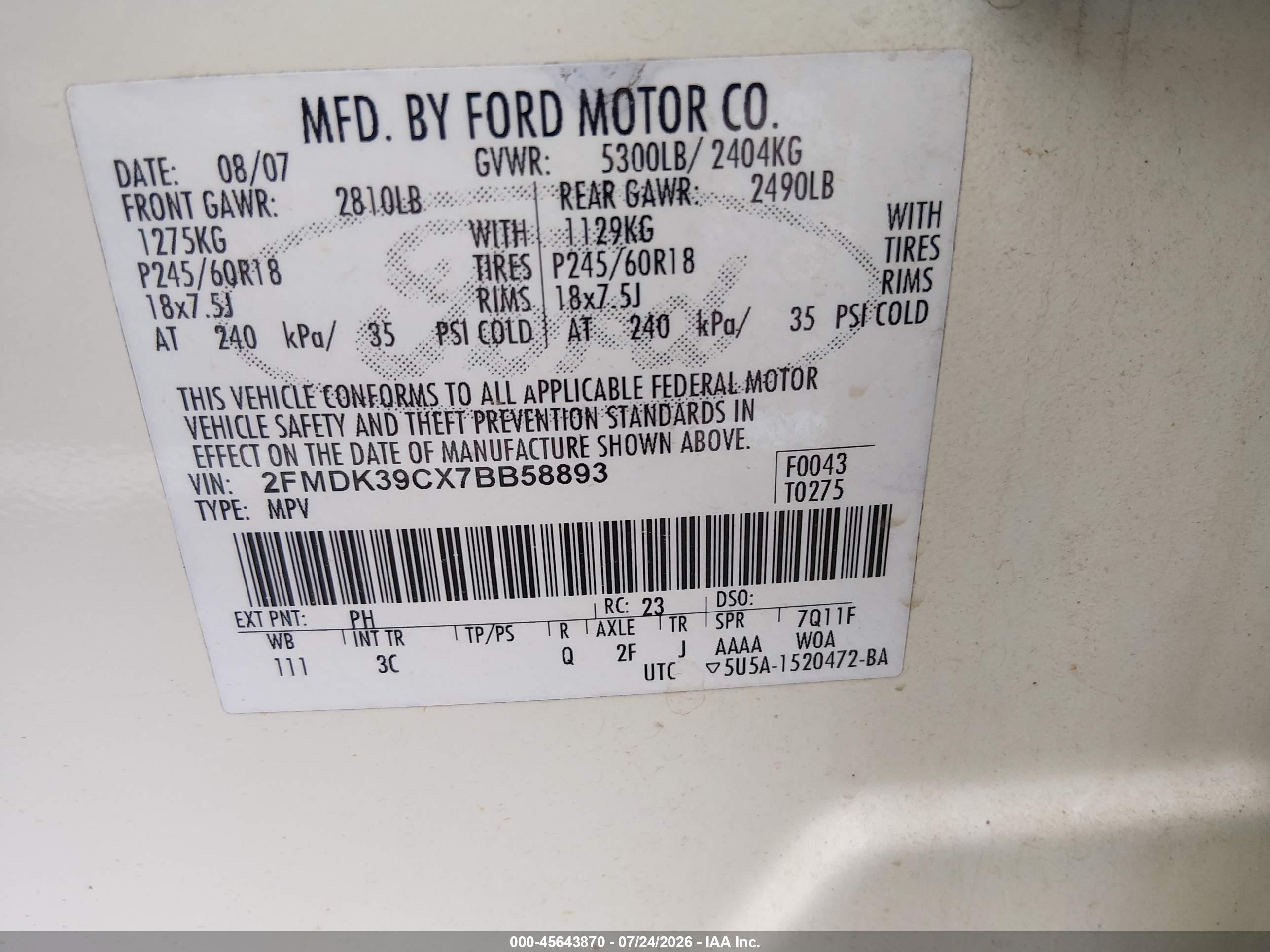2007 Ford Edge Sel Plus White vin: 2FMDK39CX7BB58893