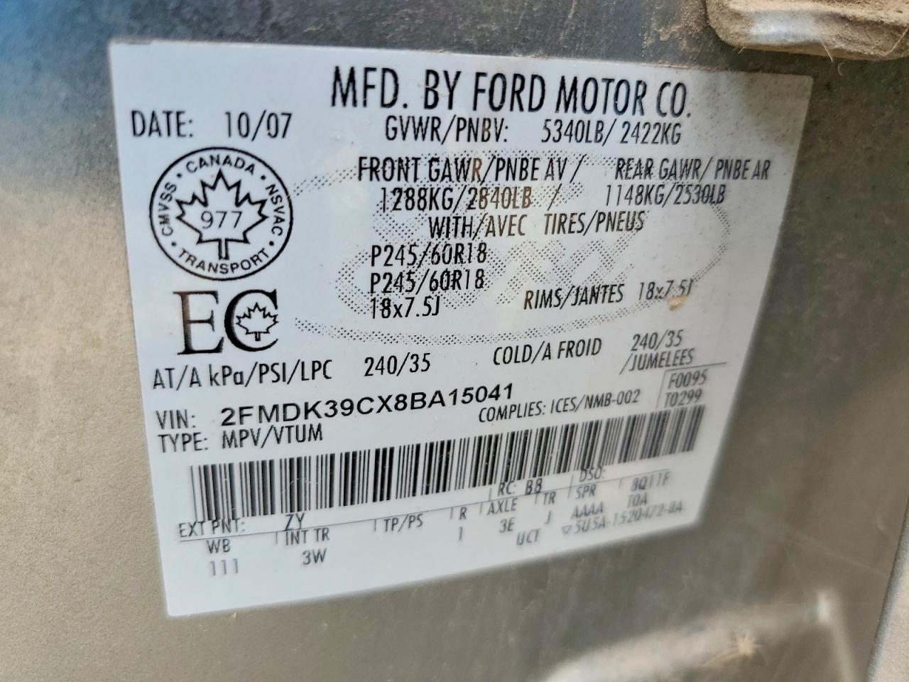 2008 Ford Edge Limited Silver vin: 2FMDK39CX8BA15041