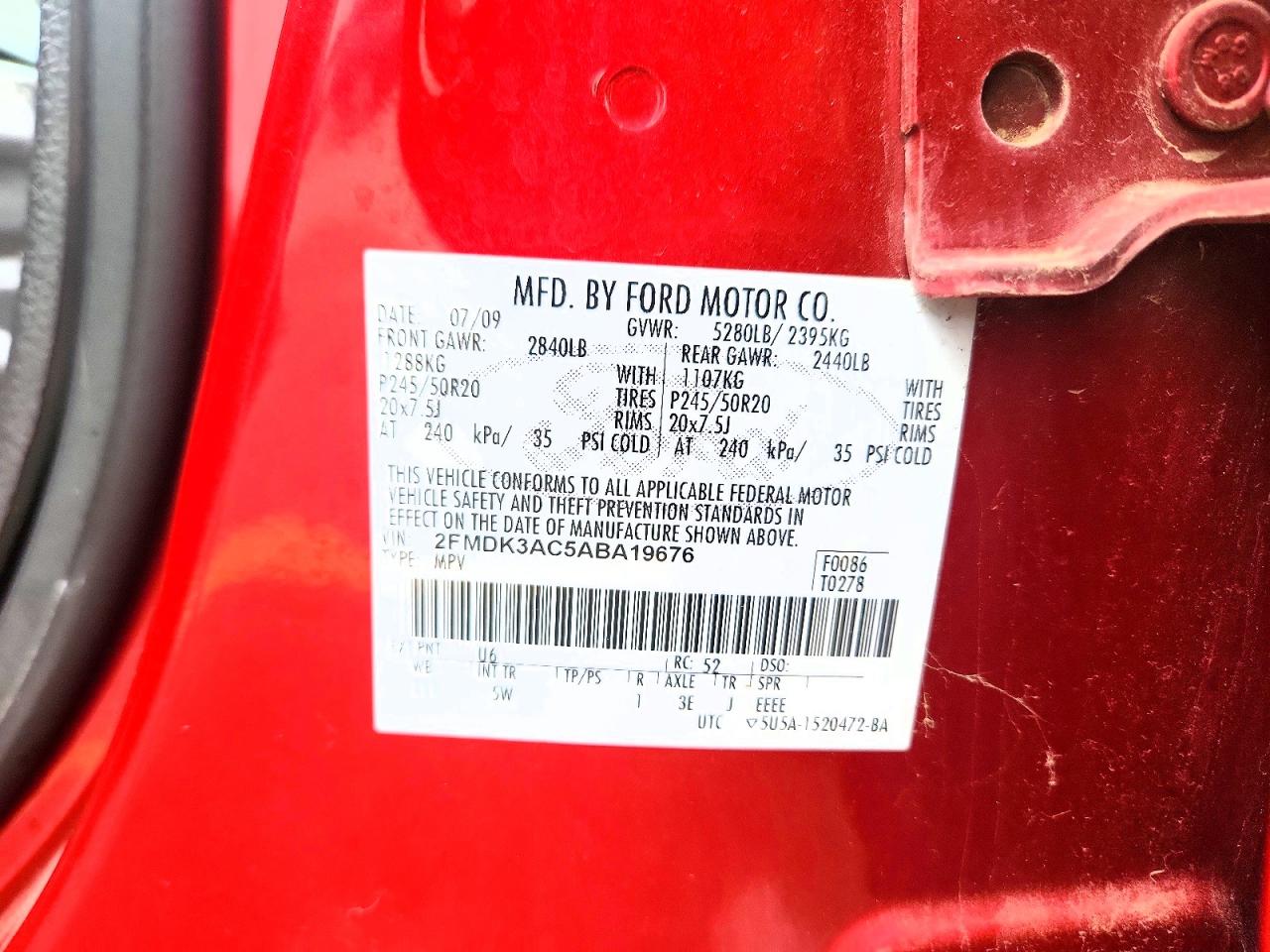 2010 Ford Edge Sport Red vin: 2FMDK3AC5ABA19676