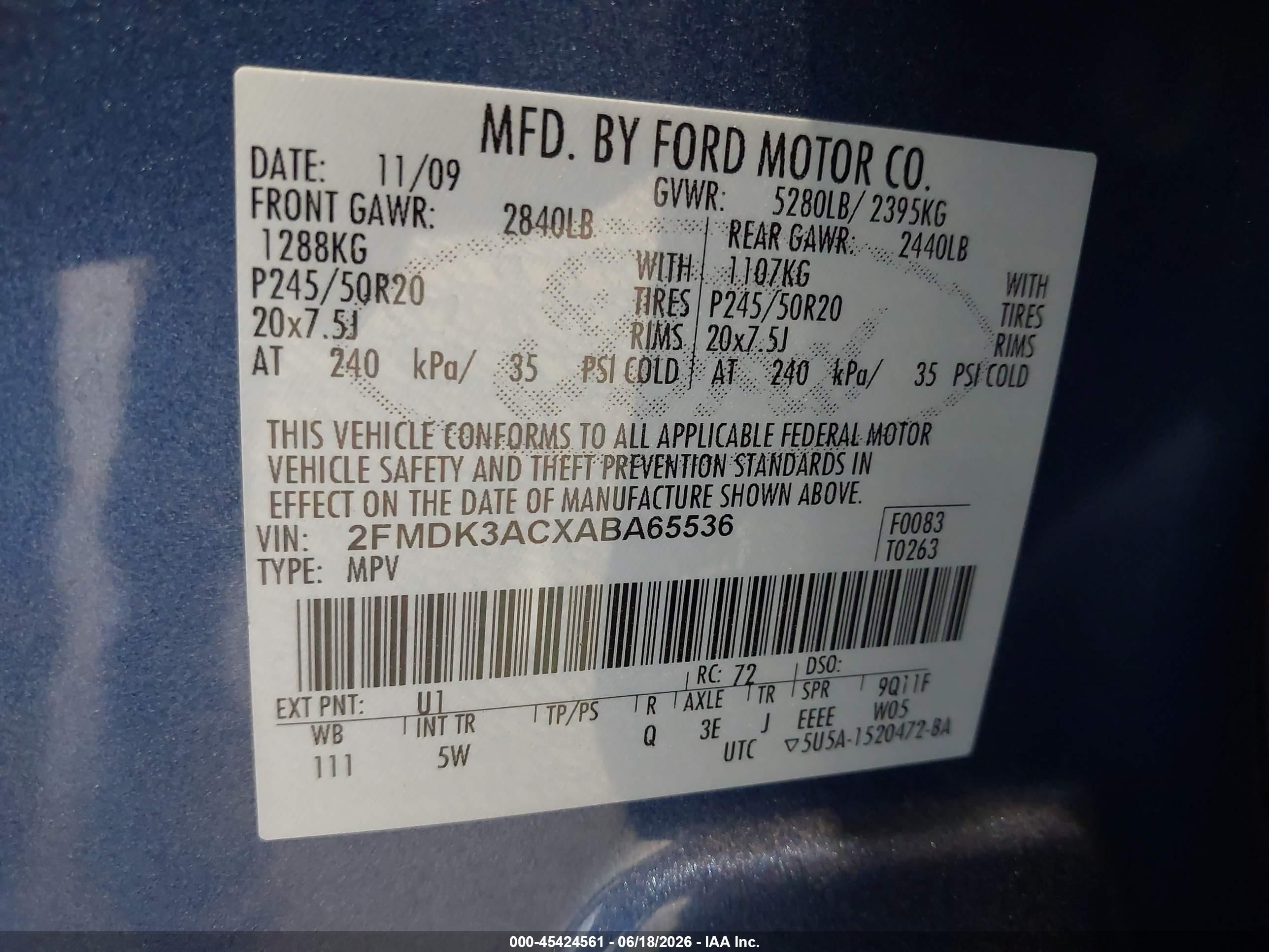 2010 Ford Edge Sport Blue vin: 2FMDK3ACXABA65536