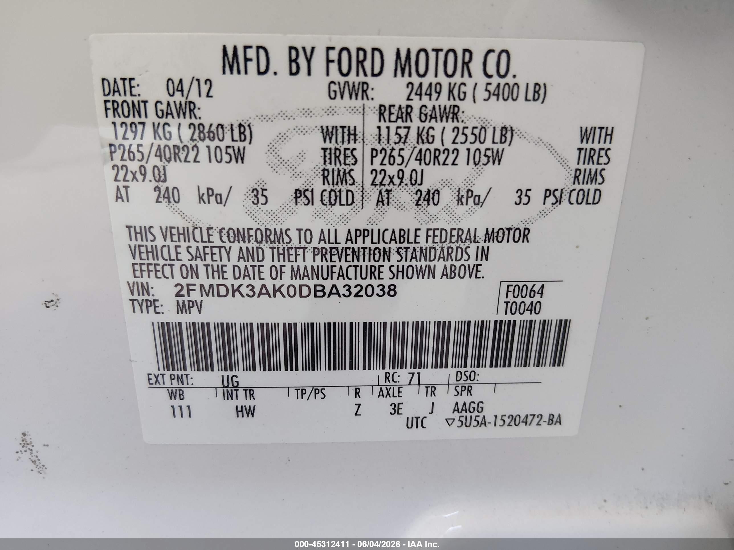 2013 Ford Edge Sport White vin: 2FMDK3AK0DBA32038