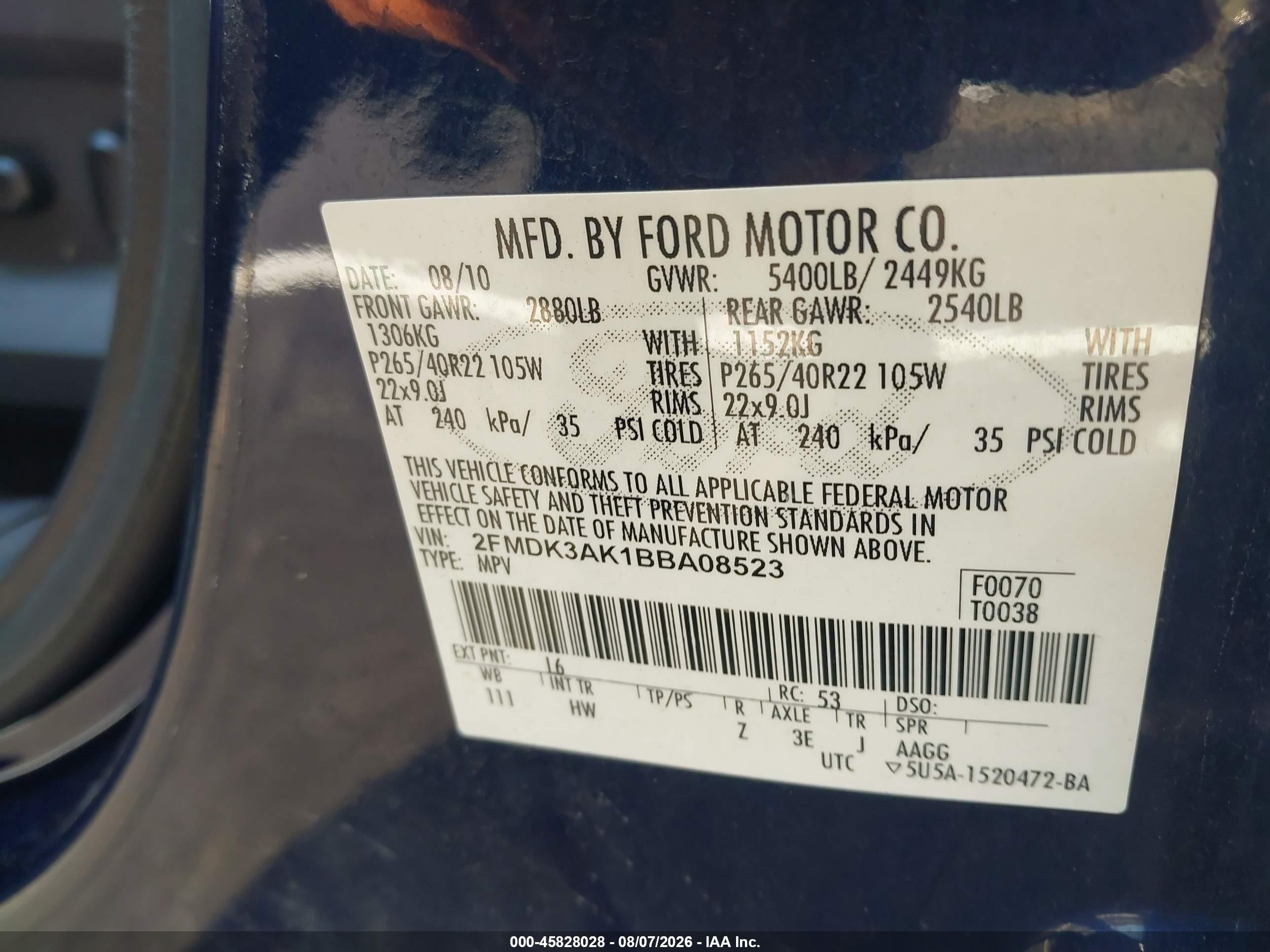2011 Ford Edge Sport Navy vin: 2FMDK3AK1BBA08523