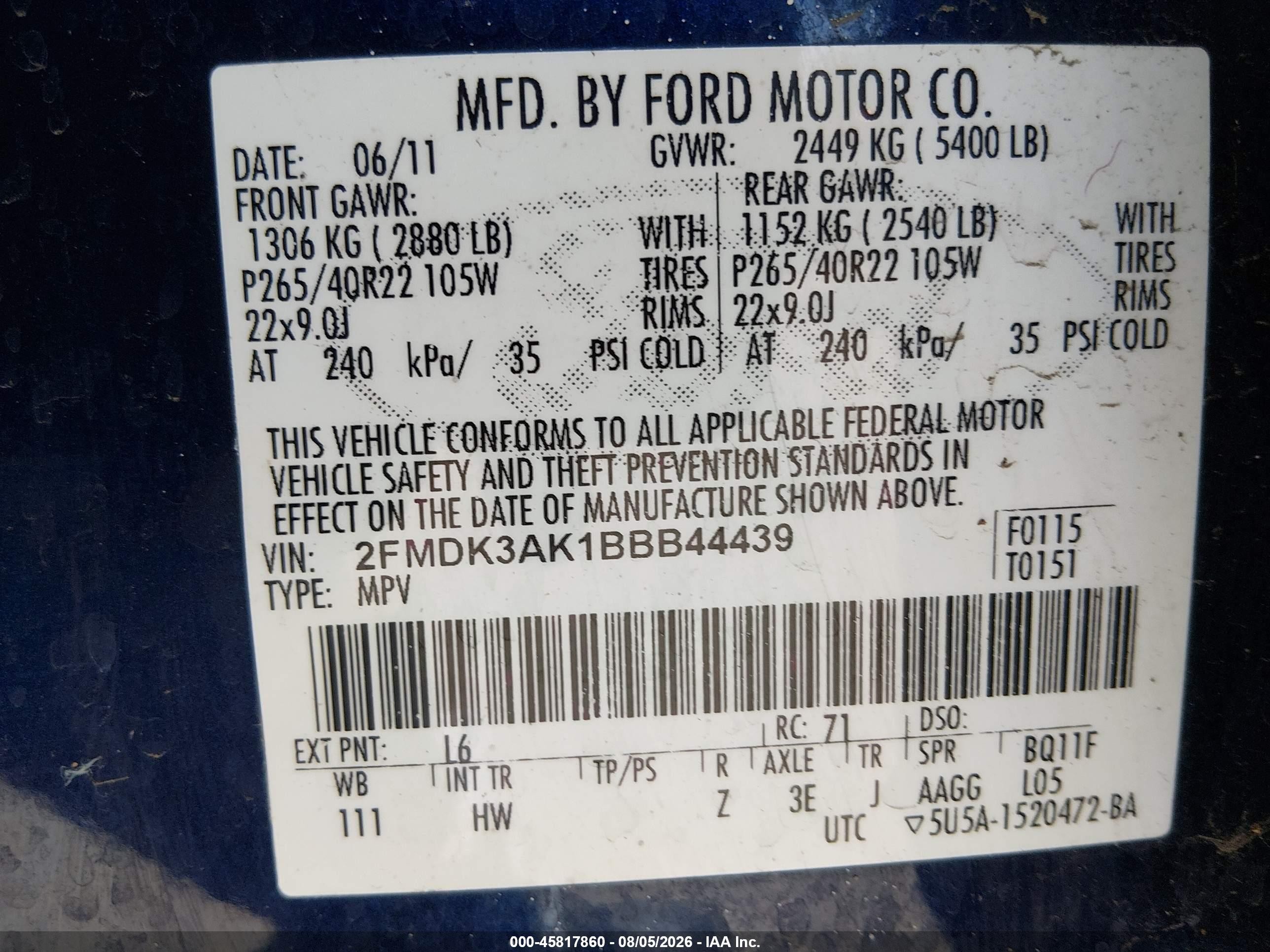 2011 Ford Edge Sport Blue vin: 2FMDK3AK1BBB44439