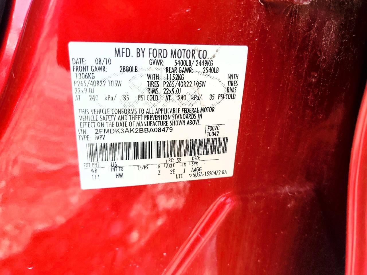 2011 Ford Edge Sport Red vin: 2FMDK3AK2BBA08479