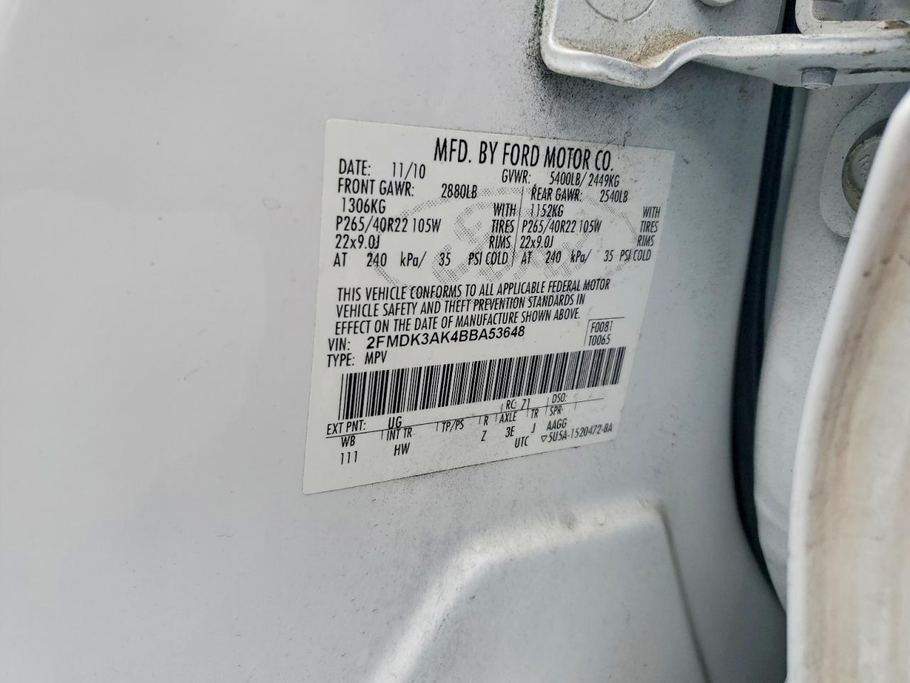 2011 Ford Edge Sport White vin: 2FMDK3AK4BBA53648