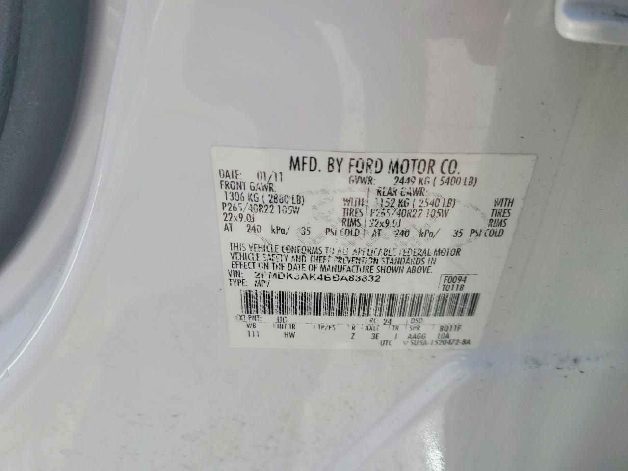 2011 Ford Edge Sport White vin: 2FMDK3AK4BBA83832