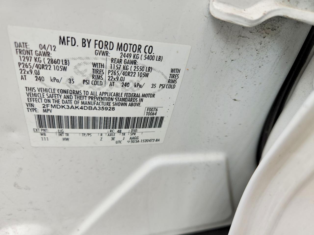 2013 Ford Edge Sport White vin: 2FMDK3AK4DBA35928