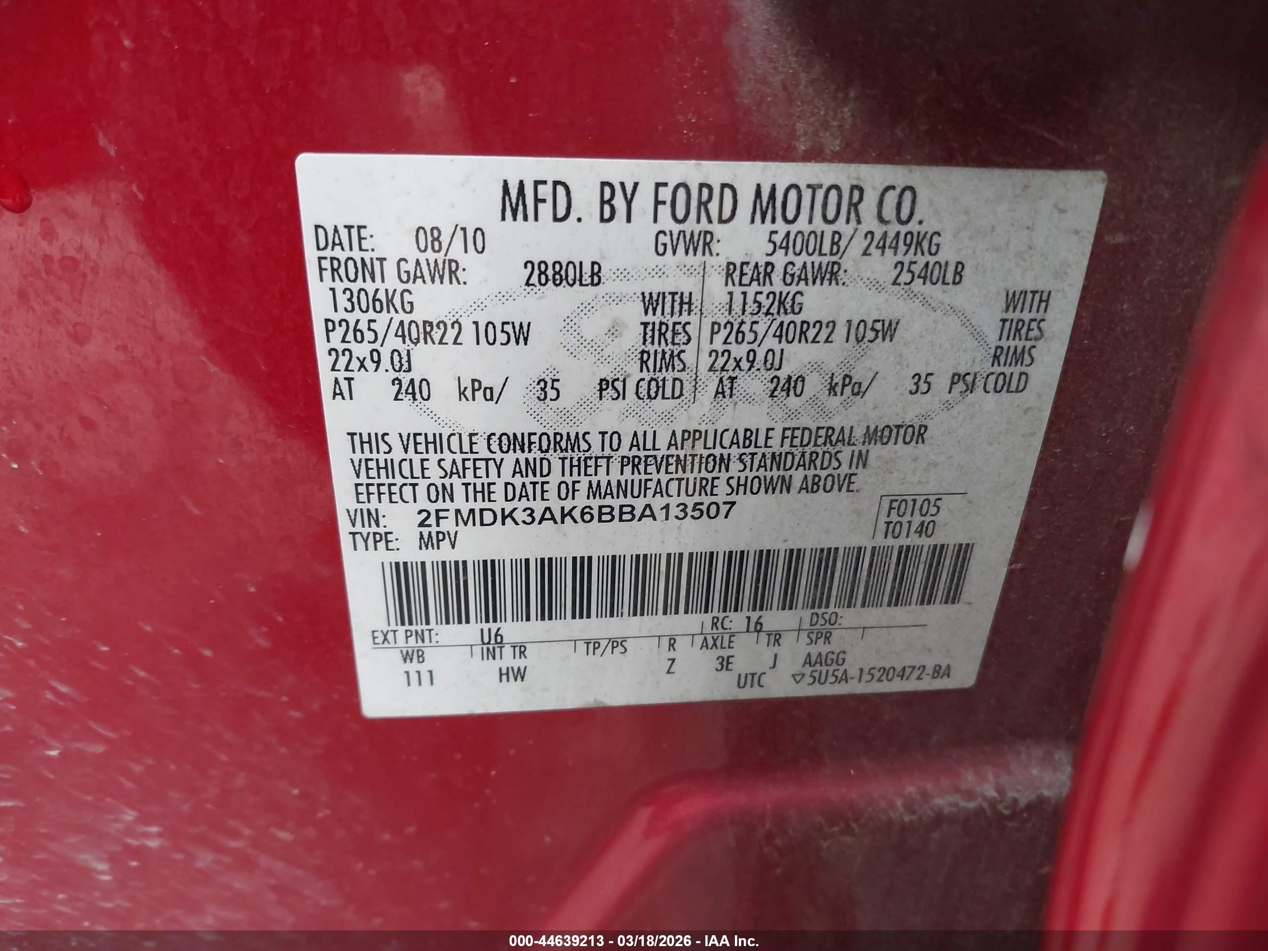 2011 Ford Edge Sport Red vin: 2FMDK3AK6BBA13507