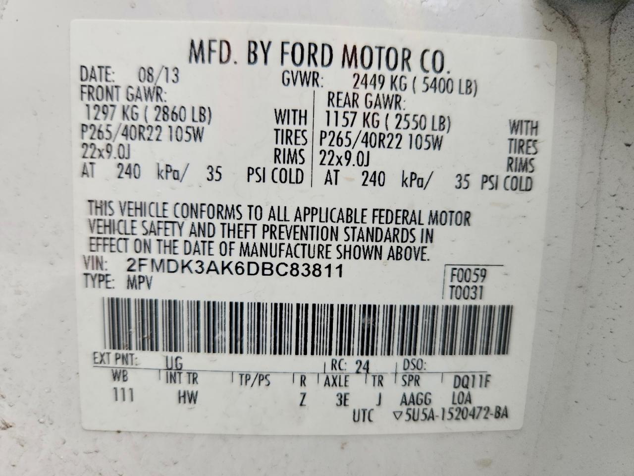 2013 Ford Edge Sport White vin: 2FMDK3AK6DBC83811