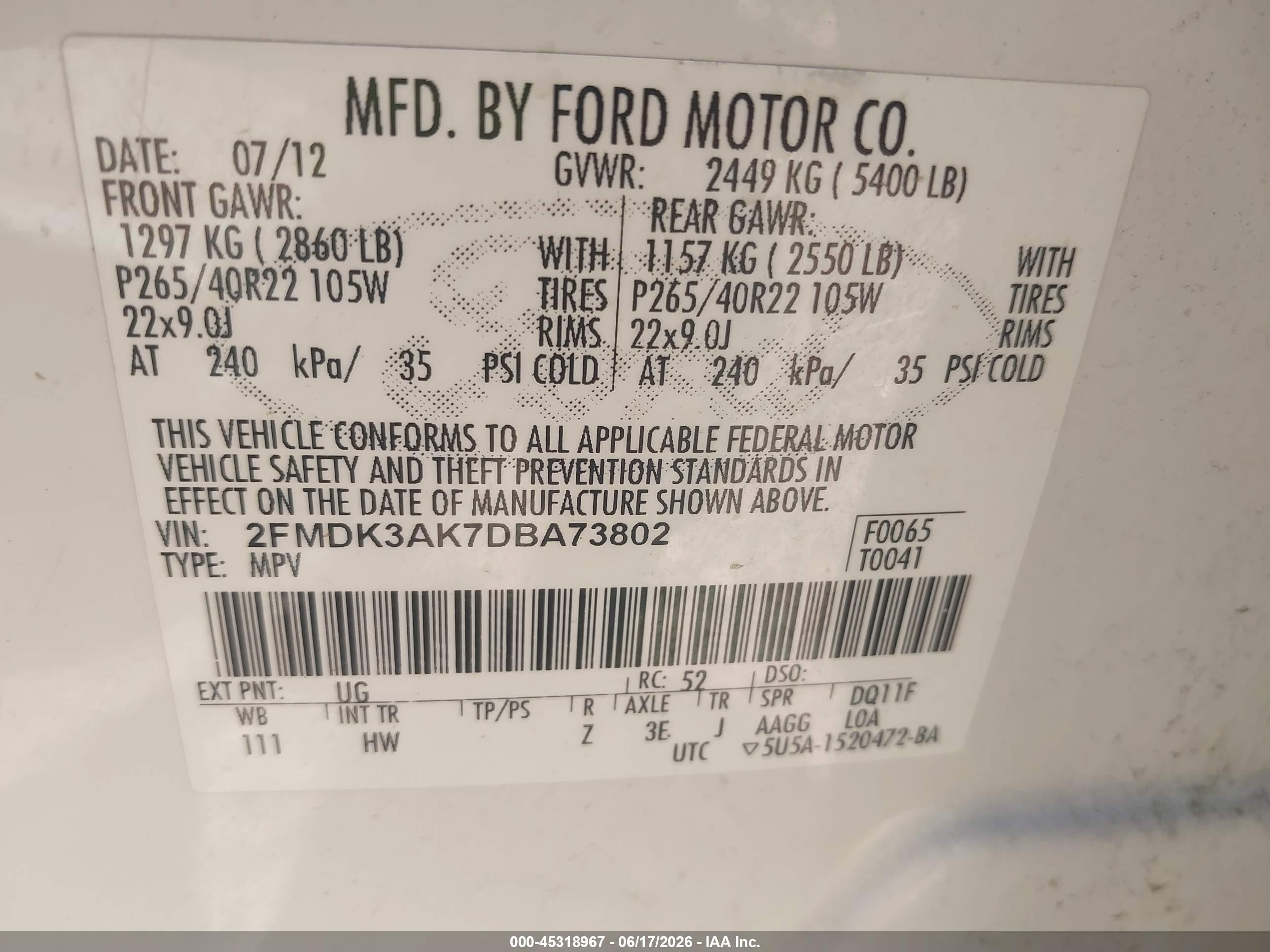 2013 Ford Edge Sport White vin: 2FMDK3AK7DBA73802