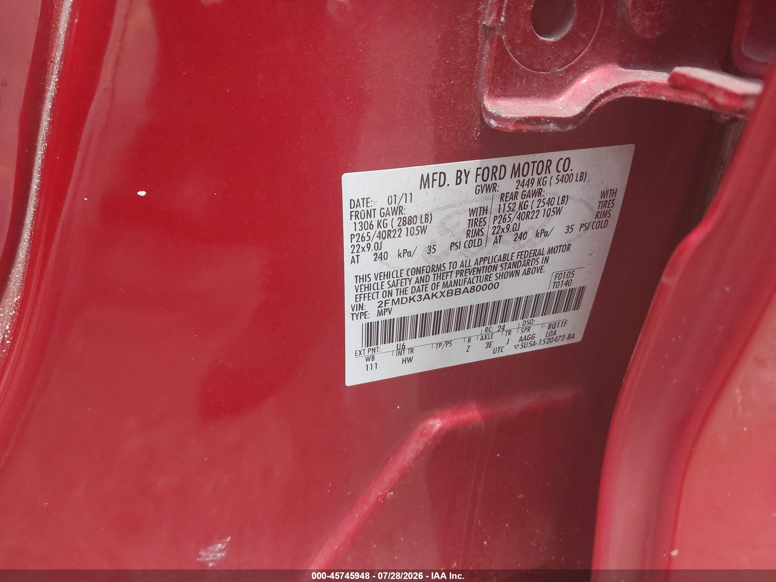 2011 Ford Edge Sport Red vin: 2FMDK3AKXBBA80000