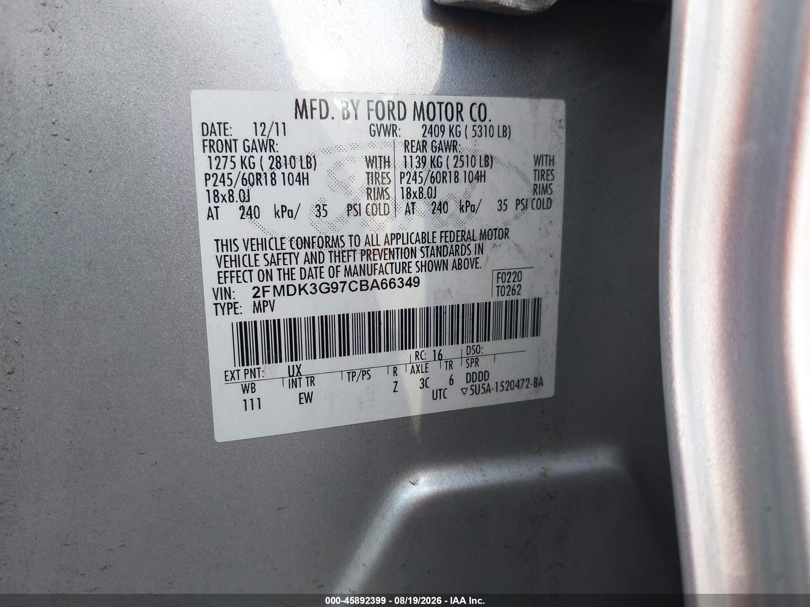 2012 Ford Edge Se Silver vin: 2FMDK3G97CBA66349