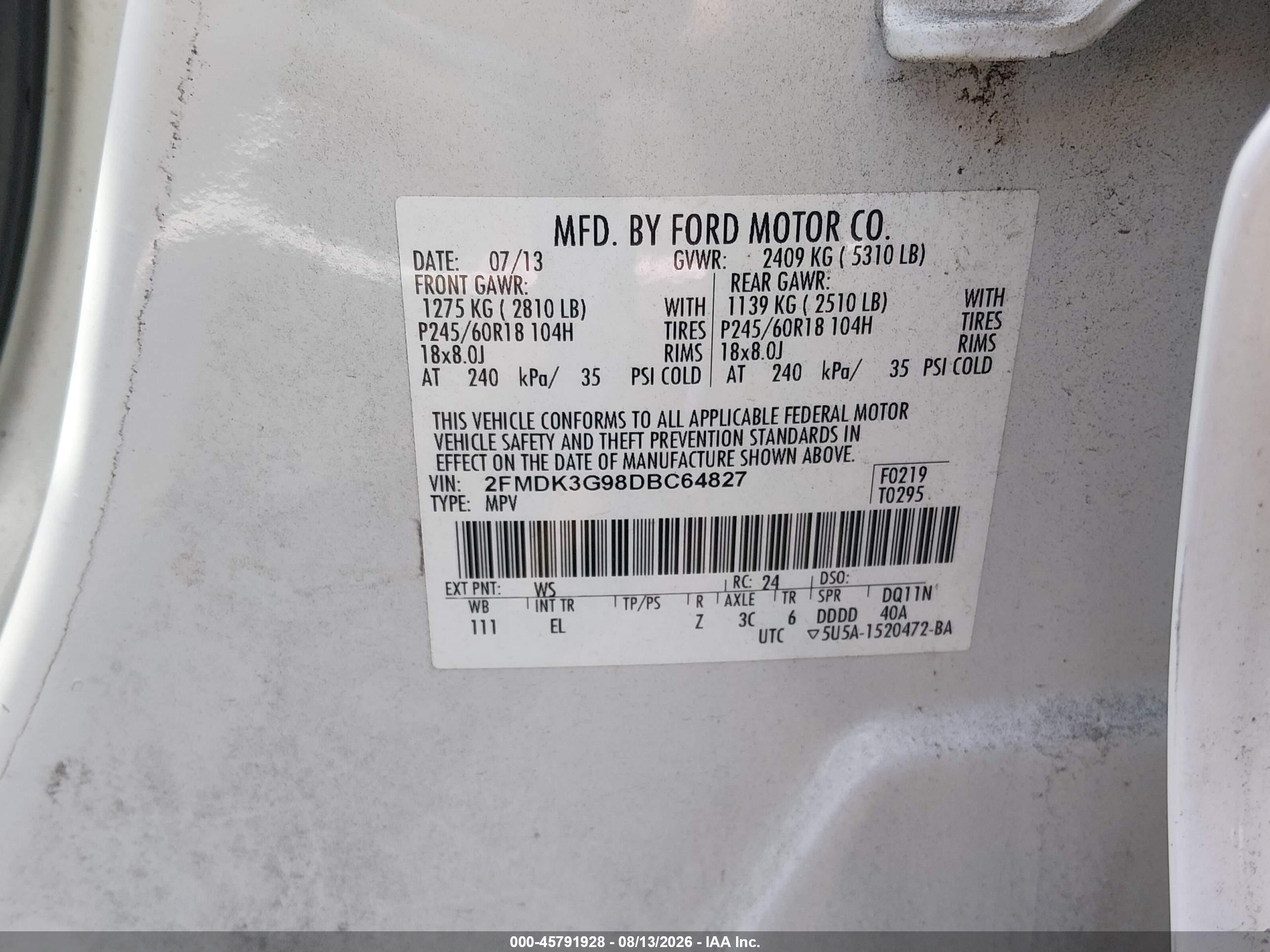 2013 Ford Edge Se White vin: 2FMDK3G98DBC64827