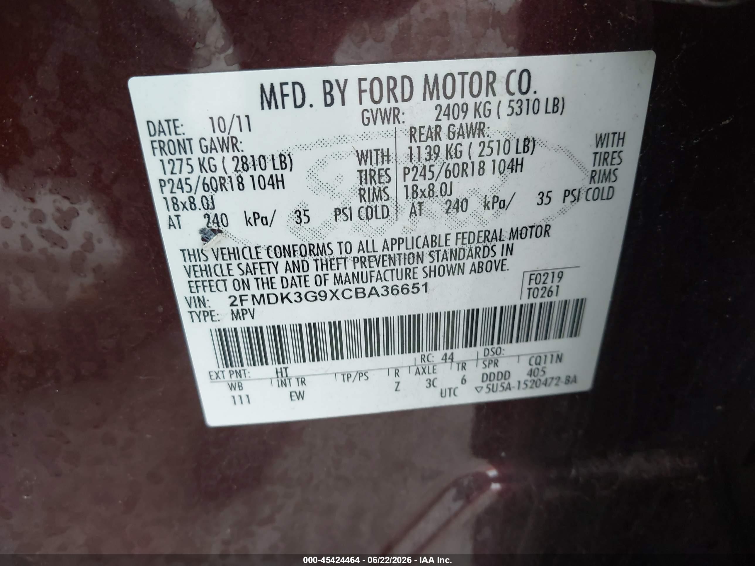 2012 Ford Edge Se Burgundy vin: 2FMDK3G9XCBA36651