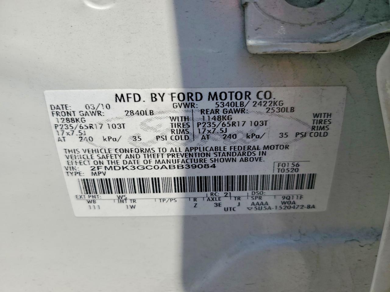 2010 Ford Edge Se White vin: 2FMDK3GC0ABB39084