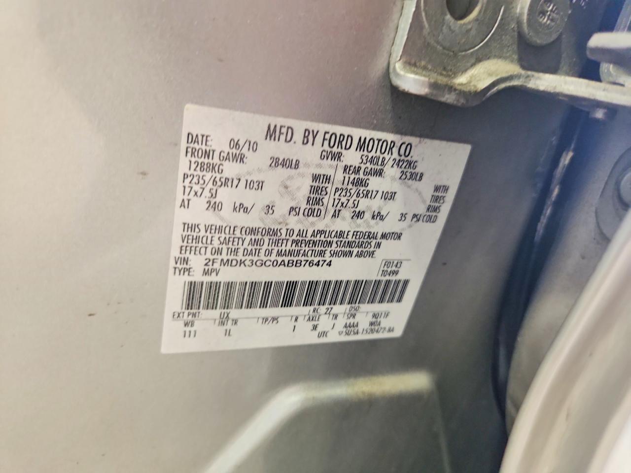 2010 Ford Edge Se Silver vin: 2FMDK3GC0ABB76474