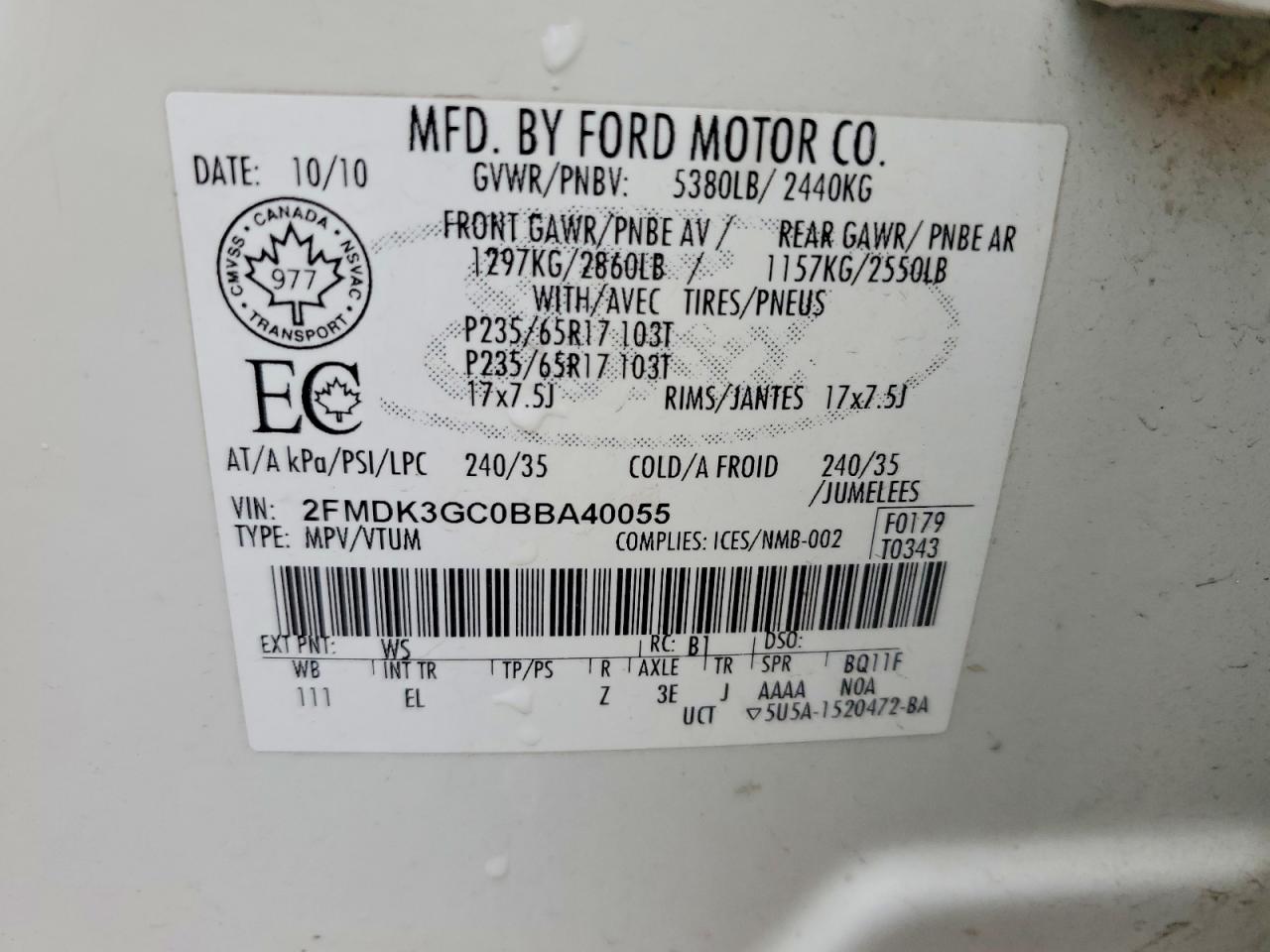 2011 Ford Edge Se White vin: 2FMDK3GC0BBA40055