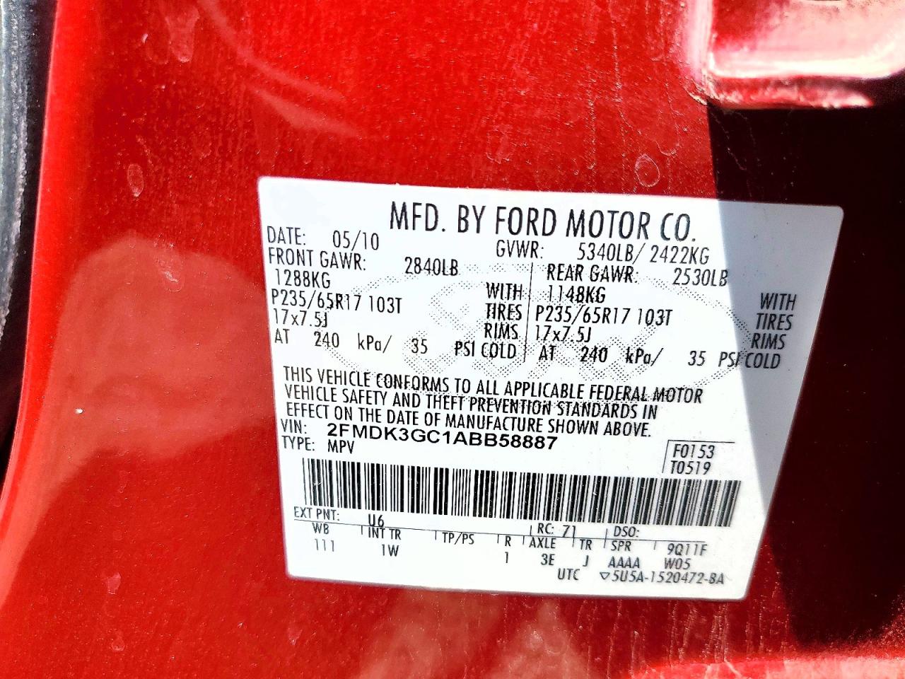 2010 Ford Edge Se Red vin: 2FMDK3GC1ABB58887