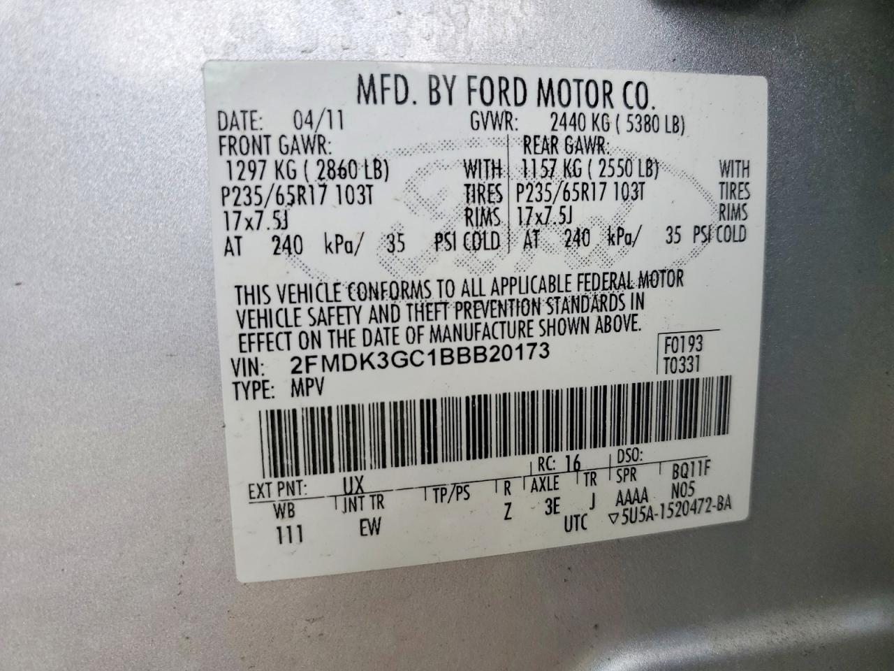 2011 Ford Edge Se Silver vin: 2FMDK3GC1BBB20173