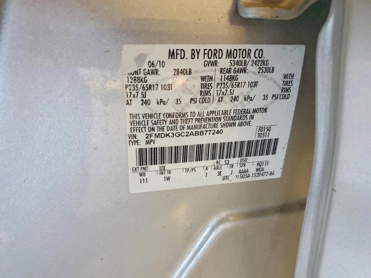 2010 Ford Edge Se Silver vin: 2FMDK3GC2ABB77240