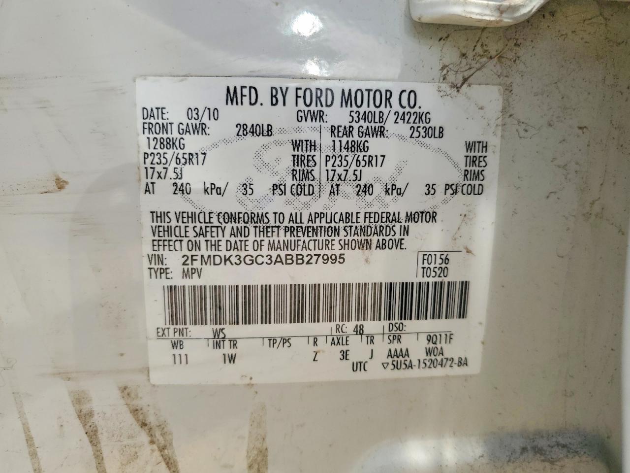 2010 Ford Edge Se White vin: 2FMDK3GC3ABB27995
