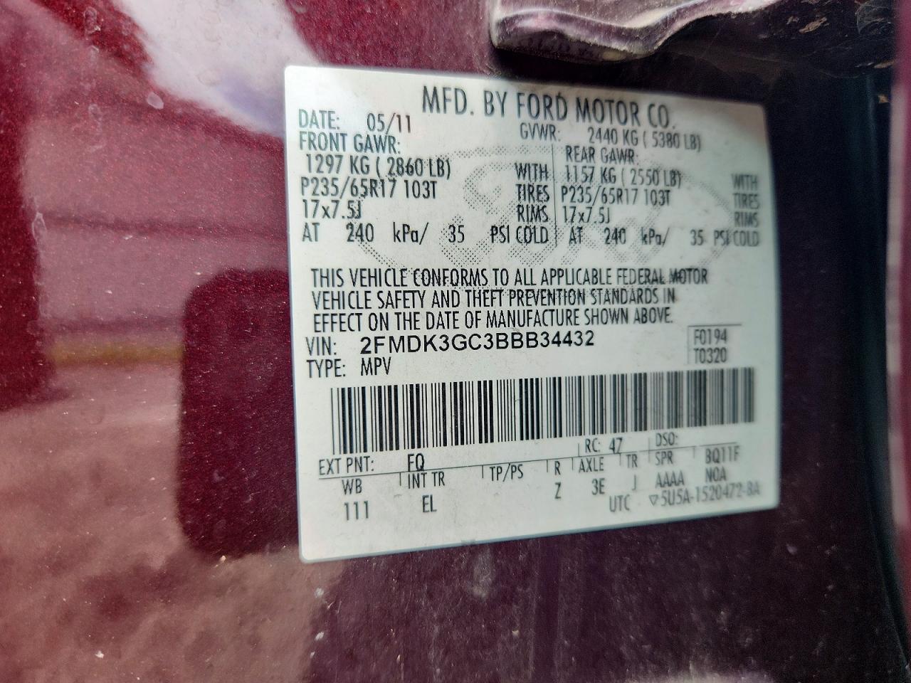 2011 Ford Edge Se Burgundy vin: 2FMDK3GC3BBB34432