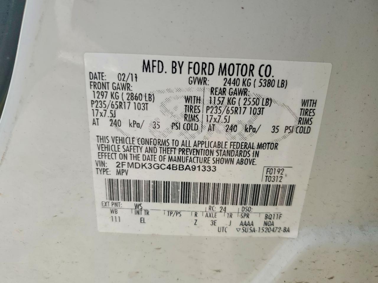 2011 Ford Edge Se White vin: 2FMDK3GC4BBA91333