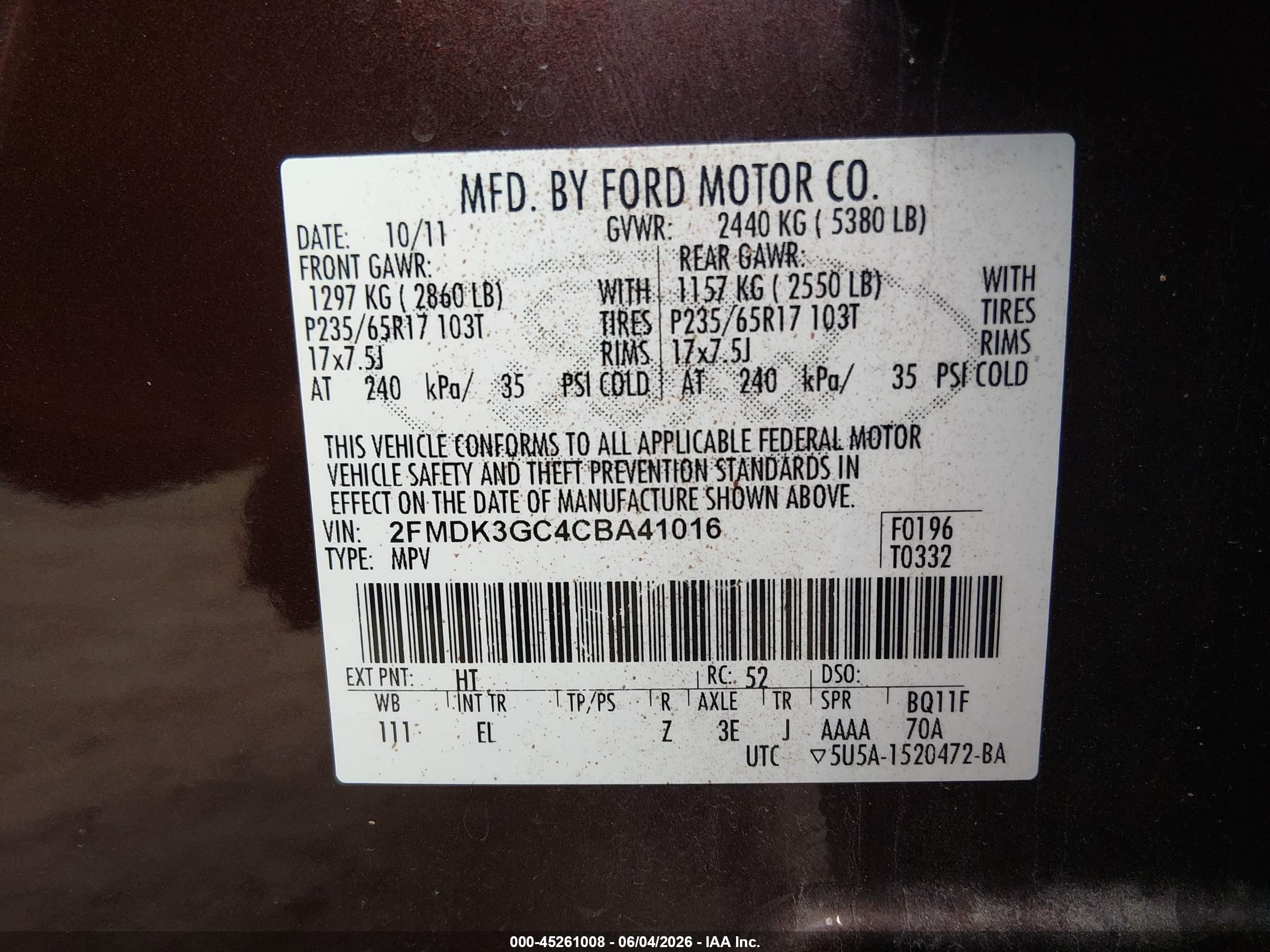 2012 Ford Edge Se Burgundy vin: 2FMDK3GC4CBA41016