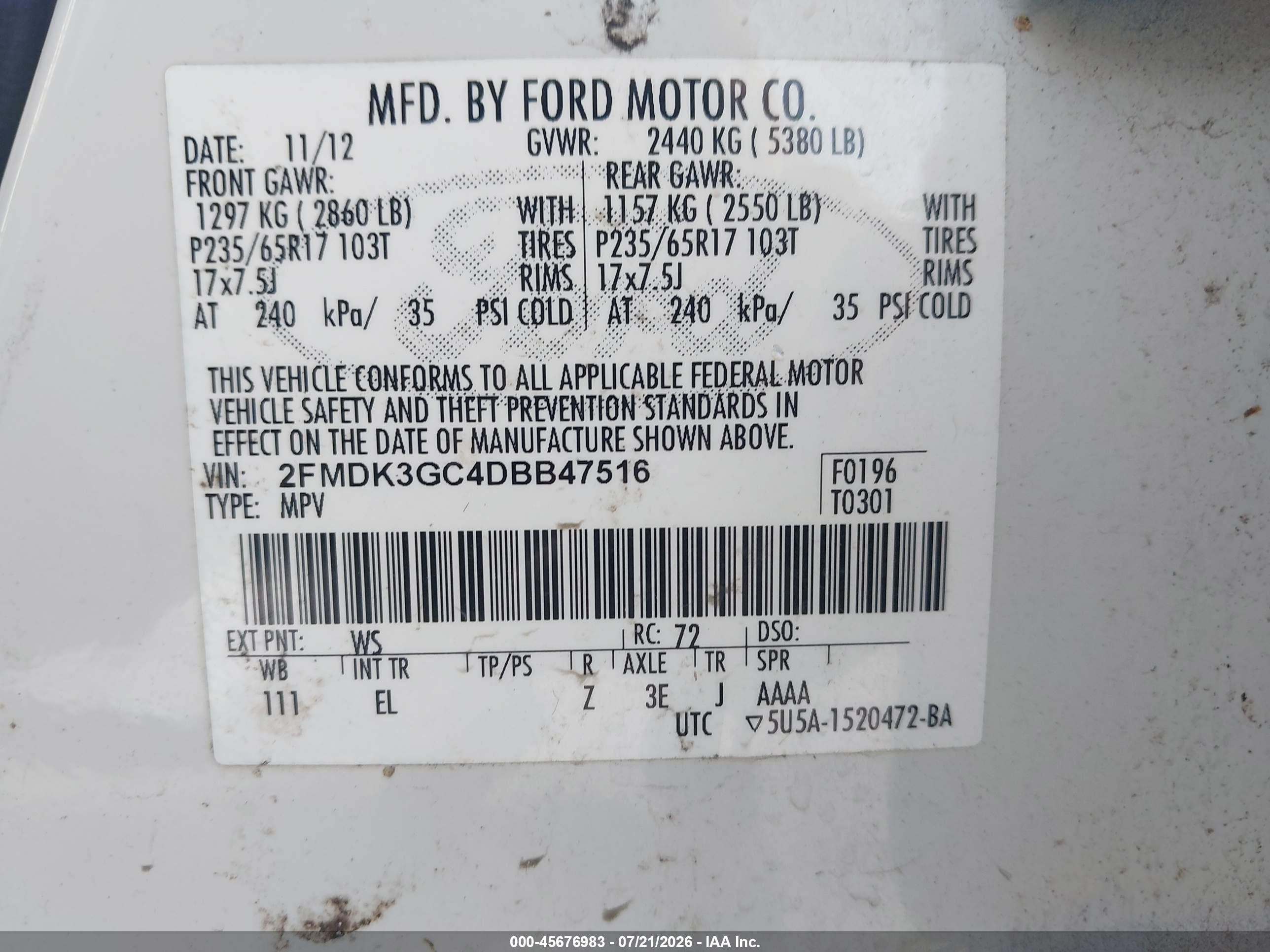 2013 Ford Edge Se White vin: 2FMDK3GC4DBB47516