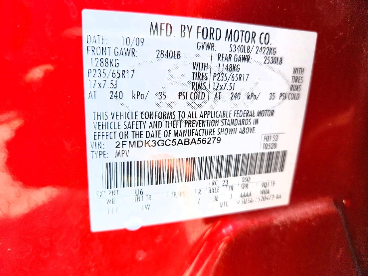 2010 Ford Edge Se Red vin: 2FMDK3GC5ABA56279