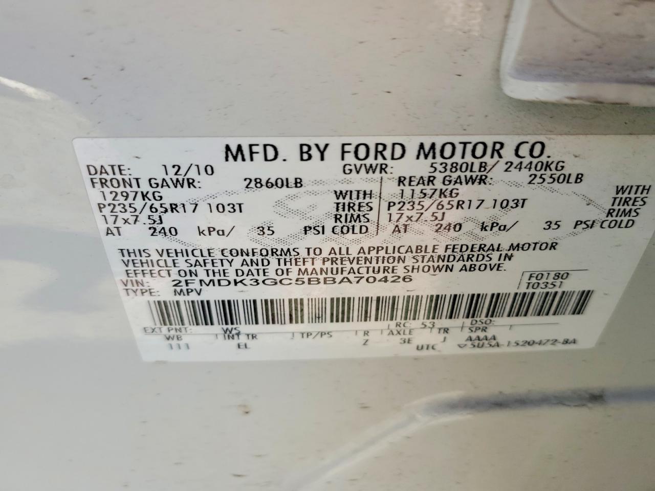 2011 Ford Edge Se Белый vin: 2FMDK3GC5BBA70426