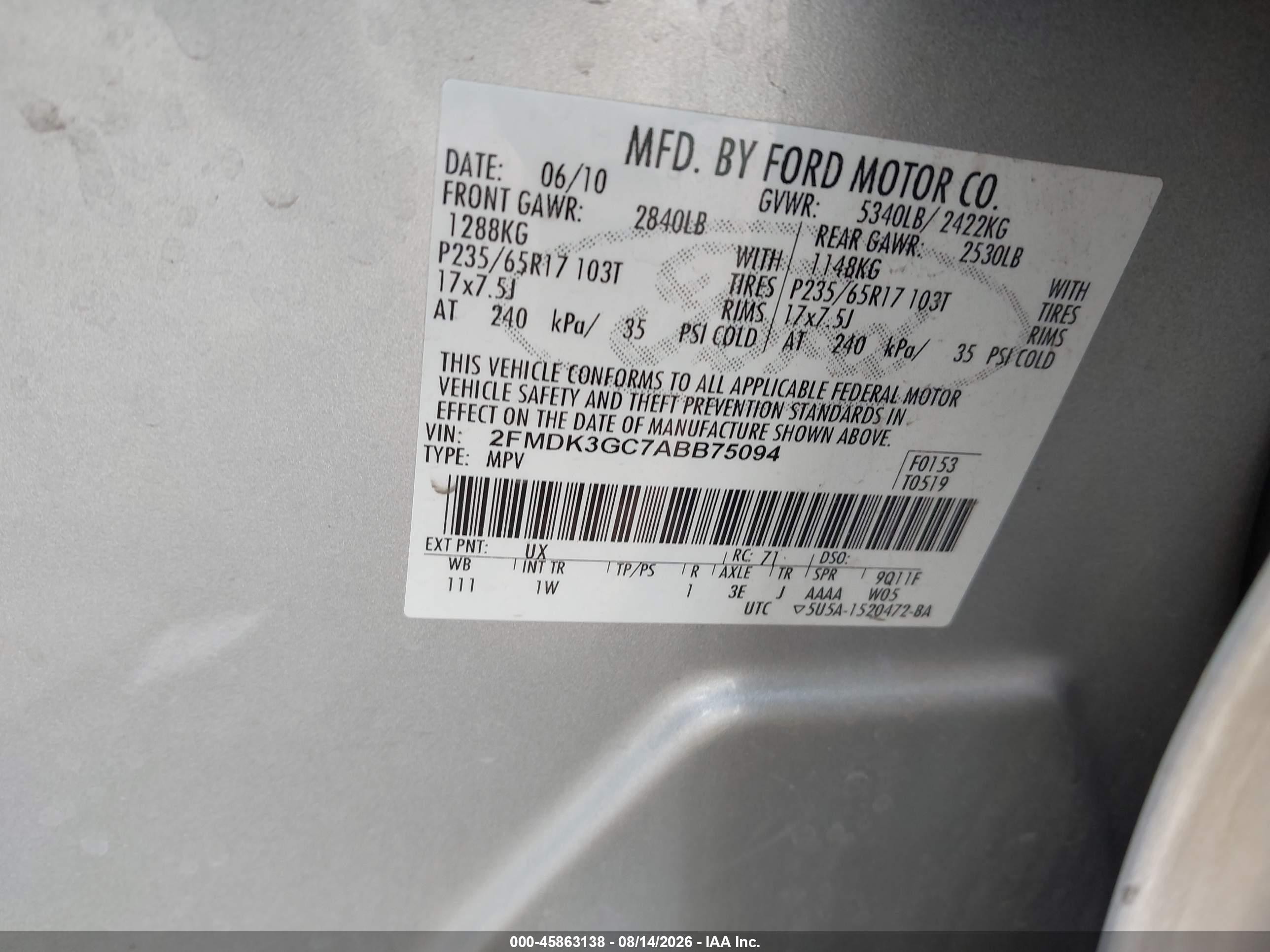 2010 Ford Edge Se Silver vin: 2FMDK3GC7ABB75094