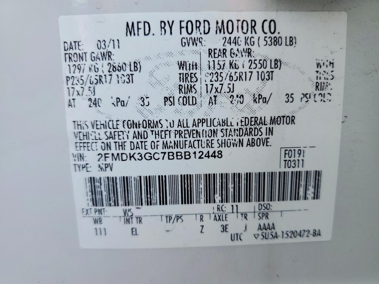 2011 Ford Edge Se White vin: 2FMDK3GC7BBB12448