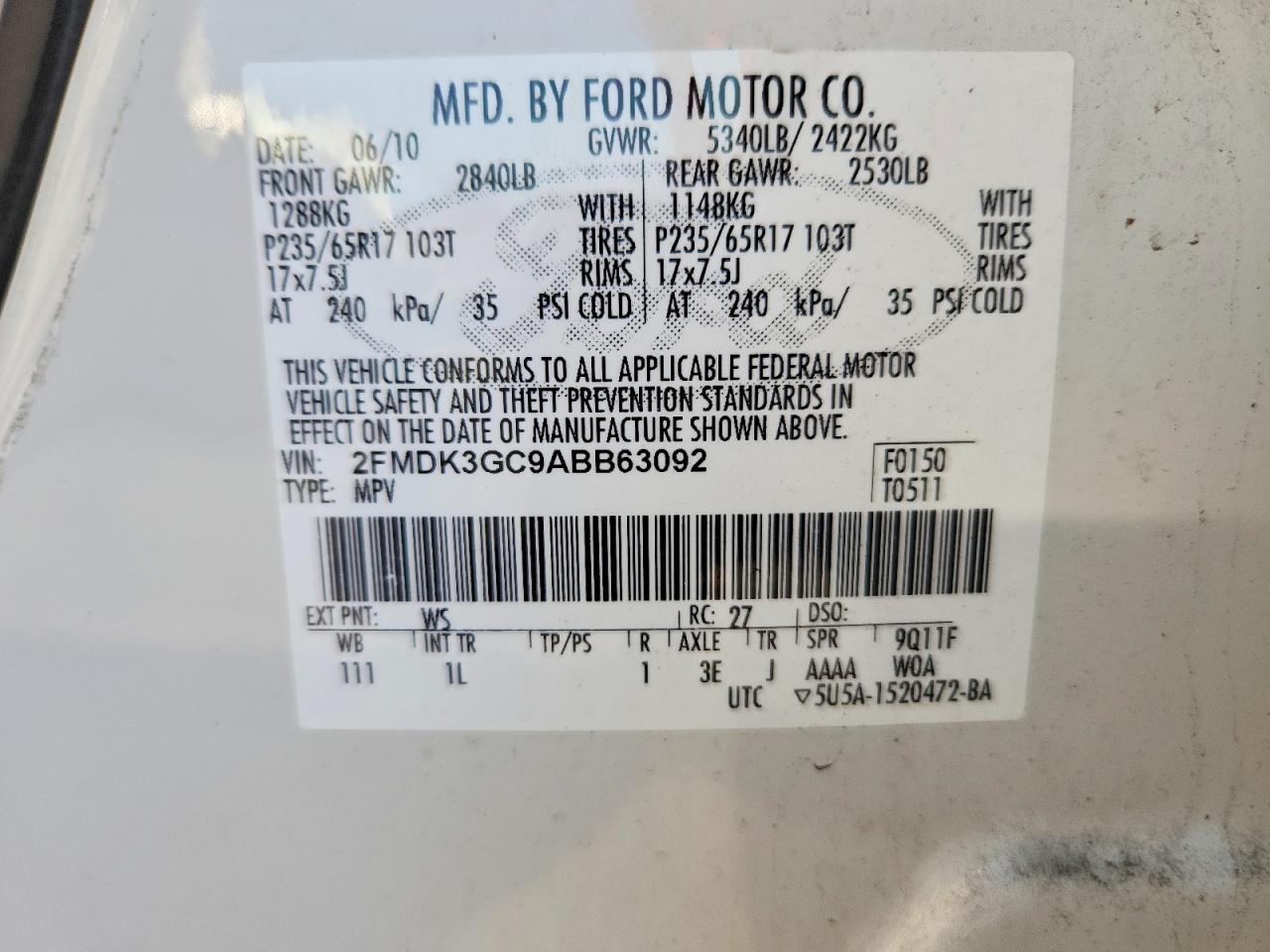 2010 Ford Edge Se White vin: 2FMDK3GC9ABB63092