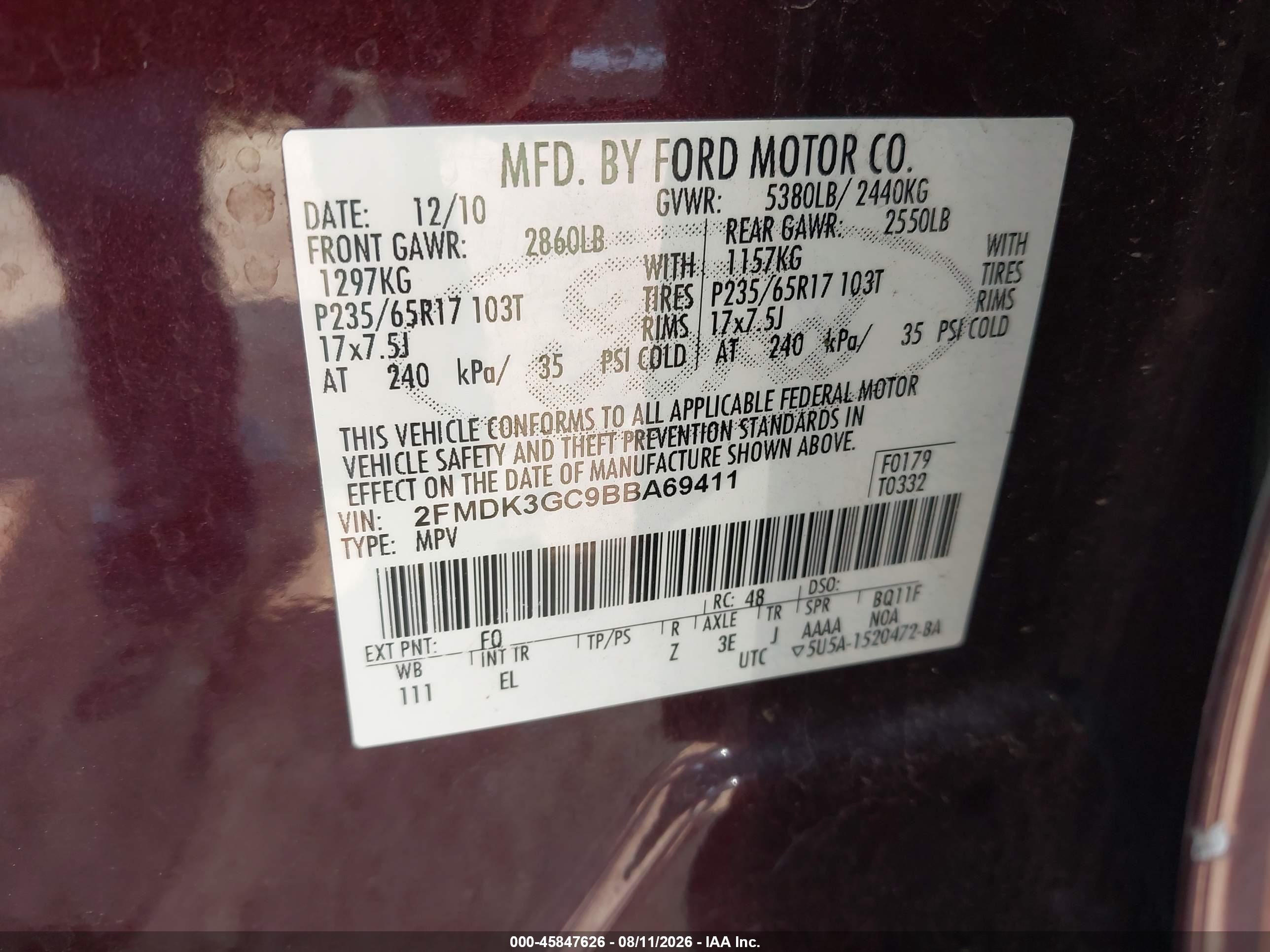 2011 Ford Edge Se Burgundy vin: 2FMDK3GC9BBA69411