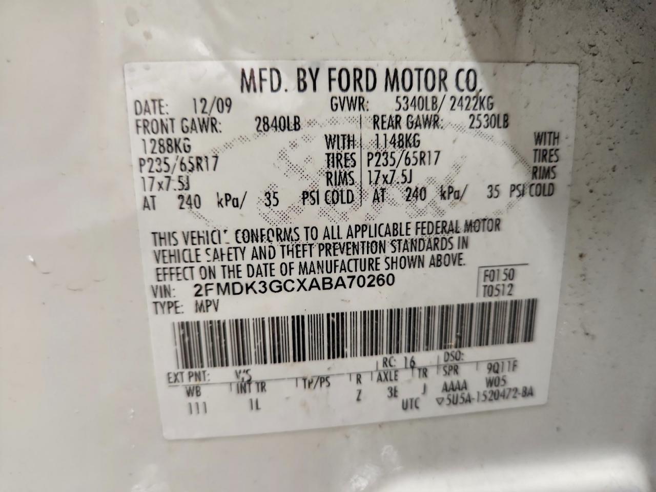 2010 Ford Edge Se White vin: 2FMDK3GCXABA70260