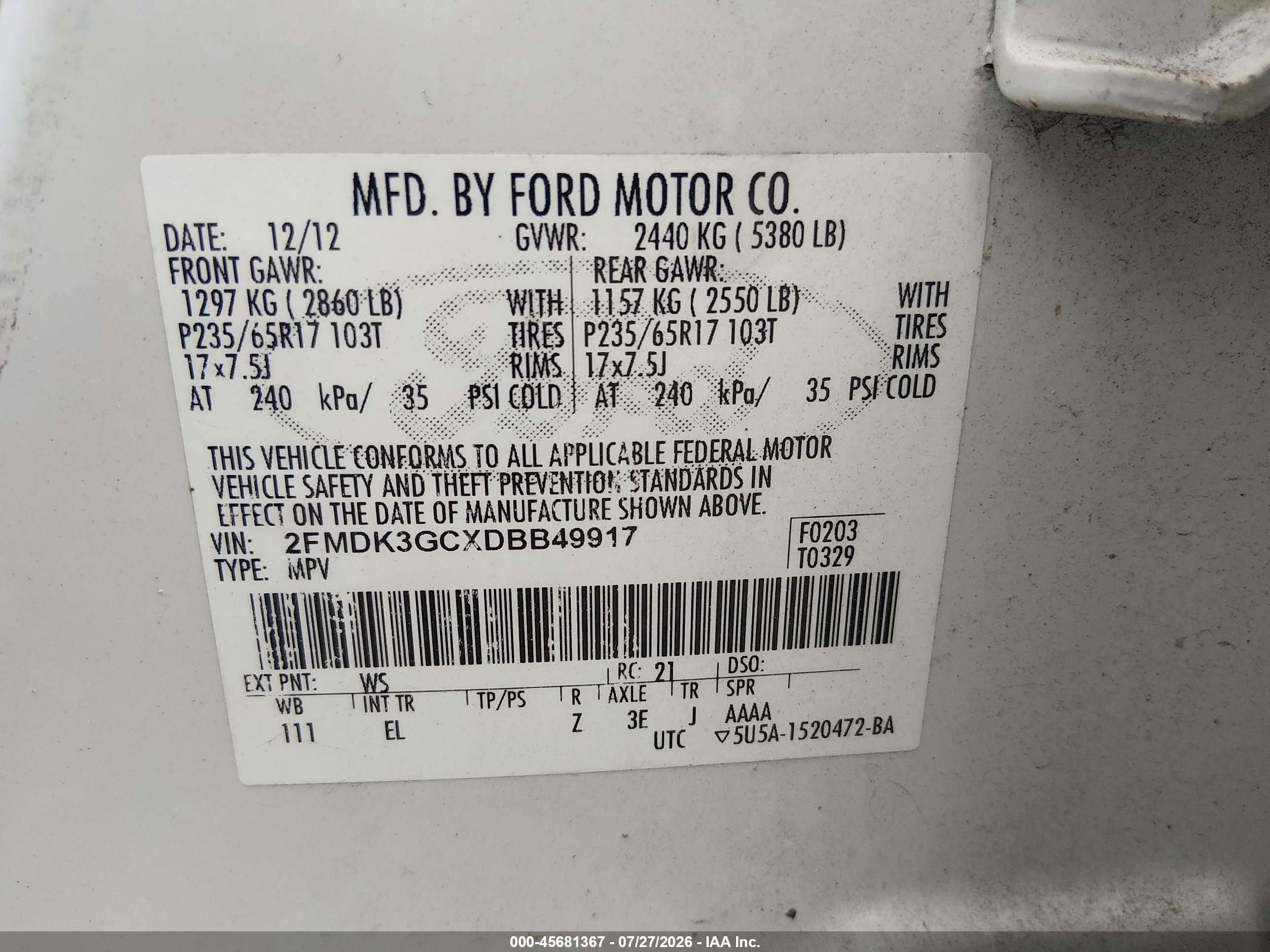 2013 Ford Edge Se White vin: 2FMDK3GCXDBB49917