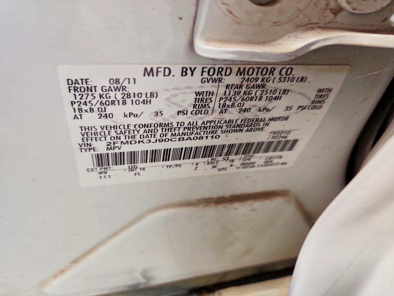 2012 Ford Edge Sel White vin: 2FMDK3J90CBA08110