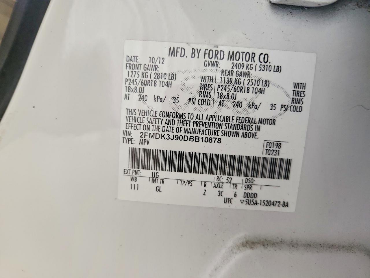 2013 Ford Edge Sel White vin: 2FMDK3J90DBB10878