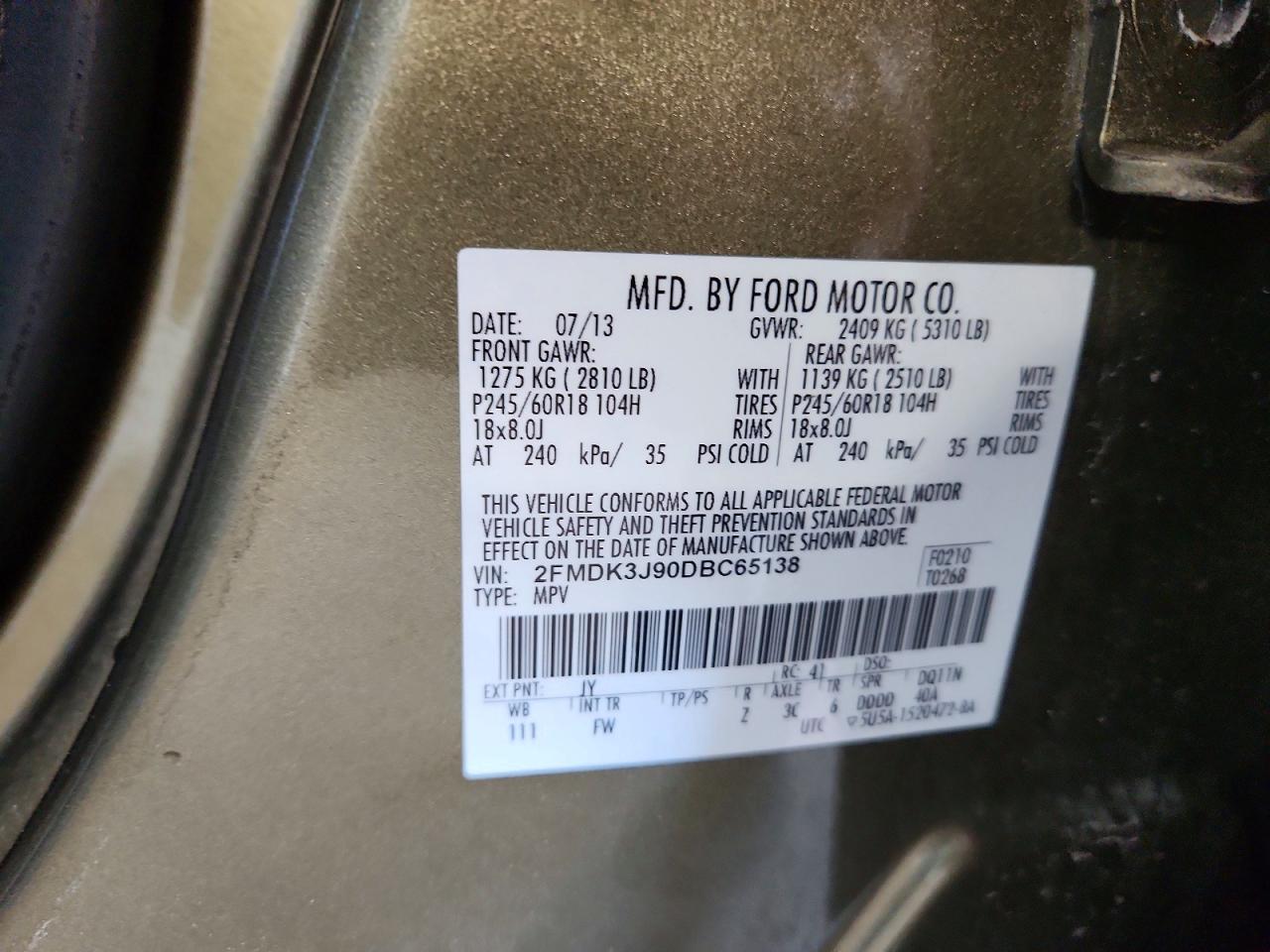 2013 Ford Edge Sel Tan vin: 2FMDK3J90DBC65138