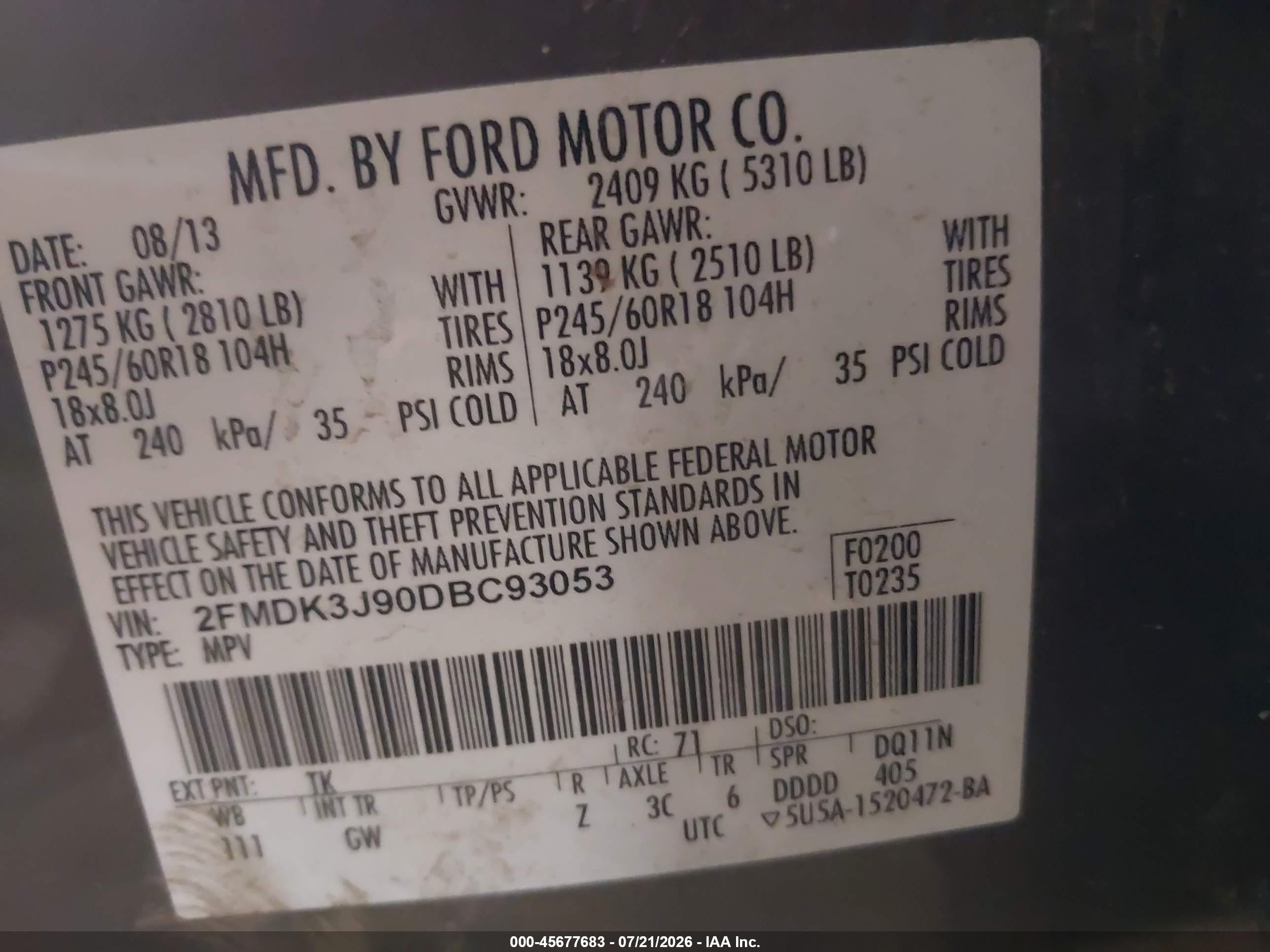 2013 Ford Edge Sel Champagne vin: 2FMDK3J90DBC93053