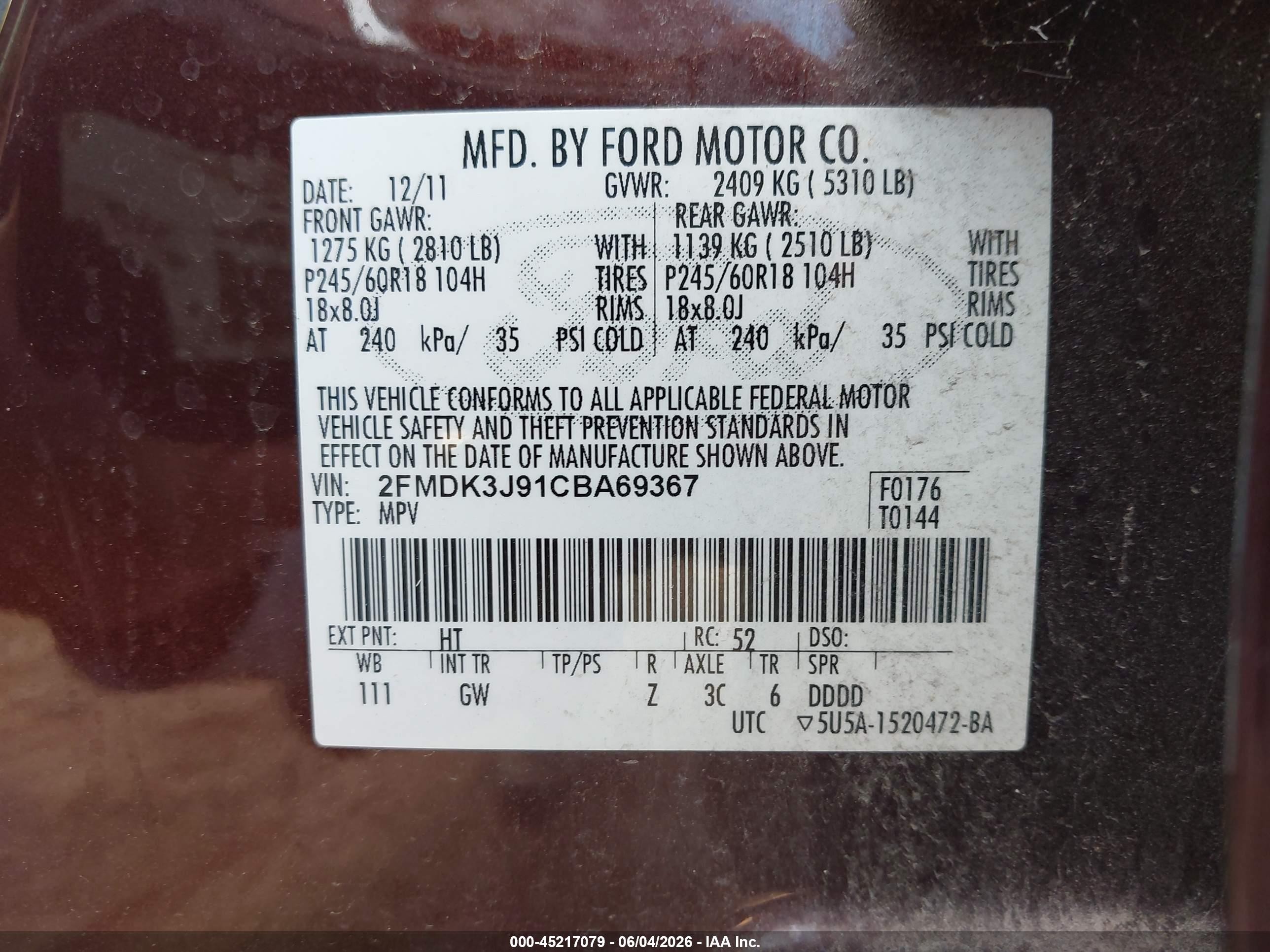 2012 Ford Edge Sel Burgundy vin: 2FMDK3J91CBA69367